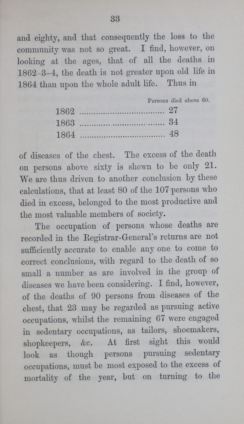 33 and eighty, and that consequently the loss to the community was not so great. I find, however, on looking at the ages, that of all the deaths in 1862-3-4, the death is not greater upon old life in 1864 than upon the whole adult life. Thus in of diseases of the chest. The excess of the death on persons above sixty is shewn to be only 21. We are thus driven to another conclusion by these calculations, that at least 80 of the 107 persons who died in excess, belonged to the most productive and the most valuable members of society. The occupation of persons whose deaths are recorded in the Registrar-General's returns are not sufficiently accurate to enable any one to come to correct conclusions, with regard to the death of so small a number as are involved in the group of diseases we have been considering. I find, however, of the deaths of 90 persons from diseases of the chest, that 23 may be regarded as pursuing active occupations, whilst the remaining 67 were engaged in sedentary occupations, as tailors, shoemakers, shopkeepers, &c. At first sight this would look as theugh persons pursuing sedentary occupations, must be most exposed to the excess of mortality of the year, but on turning to the Persons died above 60. 1862 27 1863 34 1864 48