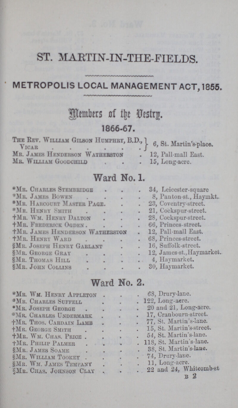 ST. MARTIN-IN-THE-FIELDS. METROPOLIS LOCAL MANAGEMENT ACT, 1855. Members of th Vestry. 1866-67. The Rev. William Gilson Homphry, B.D, 6,St.Martin's-place Vicar Mr. James Henderson Wathebston . 12, Pull-mall East. Mr. William Goodchild15, Long-acre. Ward No. 1. *Mr. Charles Stembridge 34, Leicester-square *Mr. James 11..wen 8, Panton-st., Haymkt. *Mr. Harcourt Master Page 23, Coventry-street. *Mr. Henry Smith 21, Cockspur-street. +Mr. Wm. Henry Dalton 28, Cockspur-street. +Mr. Frederick Ogden 66, Princes-street. +Mr. James Henderson Watherston . 12, Pall-mall East. +Mr. Henry Ward 68, Princes-street. §Mr. Joseph Henry Garlant 16, Suffolk-street. 1Mb. George Cray 12, James-st.,Haymarket. §Mh. Thomas Hill 4, Haymarket. §Mr. John Collins 30, Haymarket. Ward No. 2. *Mr. Wm. Henry appleton 68, Drury-lane. *Mr. Charles Scffell 122, Long-acre. *Mr. Joseph George 20 and 21, Long-acre. *Mr. Charles Undermark 17, Cranbourn-street. +Mr. Thos. Cardain Lamb 77, St. Martin 's-iane. +Mr. George Smith 15, St. Martin s-street. +Mr. Wm. Chas. Price 54, St. Martin s-lane. +Mr. Philip Palmer 118, St. Martin s-lane. §Mr. James Soame 38, St. Martin s-lane. §Mr. William Tookey 74, Prury-laue. §Mr. Wm. James Tempany 11 Long-acre. §Mr. Chas. Johnson Clay 22 and 24, Whitcomb-st b 3