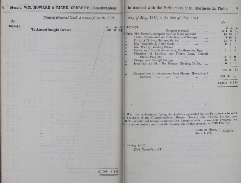 6 7 Messrs. WM. HOWARD & RICHD. COBBETT, Churchwardens, in Account with the Parishioners of St. Martin-in-the-Fields. Church General Cash Account from the 30th day of May 1870, to the 19th of May, 1871. Dr. Cr. 1870-71. £ s. d. 1870-71. £ s. d. To Amount brought forward 1,008 6 11¾ Brought forward 694 0 0½ Cash, Mr. Farrant, overpaid on Pew Rent Account 10 15 0 ,, Ditto, Commission on Collection, and Stamps 3 16 4 ,, Ditto, £ 27 14s., Stamps, 6s. 8d. 28 0 8 ,, Mr. Dangerfield, Petty Cash 0 2 6 „ Mr. Weliby, Gilding Staves 1 10 0 „ Police and Church Attendants, Confirmation Day 1 6 0 „ Chamber of London, one Year's Rent, Conduit Street Property 18 8 9 „ Cheque and Receipt Stamps 0 5 0 ,, Iron Pail, 4s. 6d. ; Mr. Palmer, Glazing, 7s. 6d. 0 12 0 758 16 3½ „ Balance due to this account from Messrs. Howard and Cobbett 249 10 8¼ £1,008 6 11¾ £1,008 6 11¾ We, the undersigned, being the Auditors appointed by Parishioners to audit Accounts of the Churchwardens, Messrs. Howard and Cobbett, for year 0- 71, report that having examined the Accounts with the vouchers produced , we the same correct, and that the balance due to this Account is £249 10s. 8¼d. Richard Hutt, John Davy, Auditors. Vestry Hall, 22nd November,