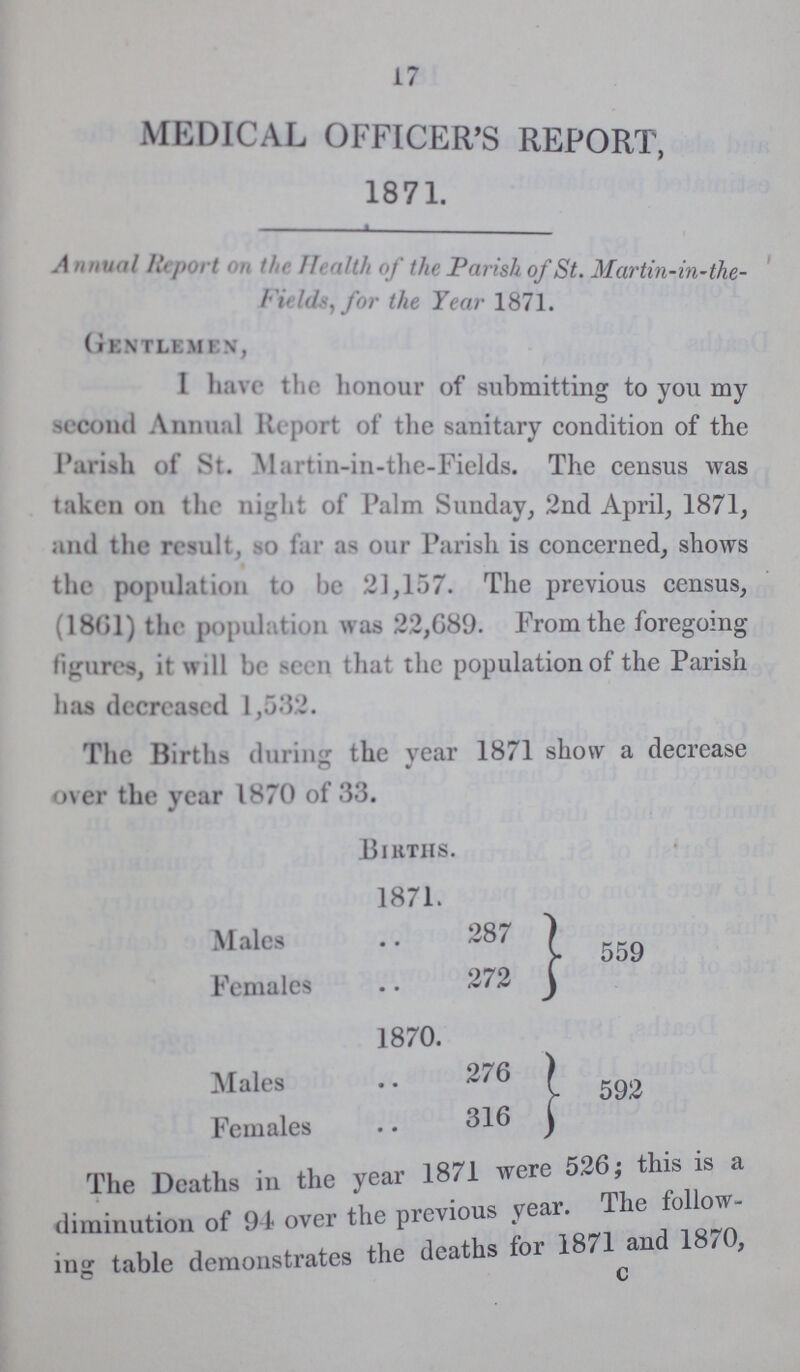 17 MEDICAL OFFICER'S REPORT, 1871. Annual Report on the Health the Parish of St. Martin-in-the Fields,for the Year 1871. Gentlemen, I have the honour of submitting to you my second Annual Report of the sanitary condition of the Parish of St. Martin-in-the-Fields. The census was taken on the night of Palm Sunday, 2nd April, 1871, and the result, so far as our Parish is concerned, shows the population to be 21,157. The previous census, (1861) the population was 22,689. From the foregoing figures, it will be seen that the population of the Parish has decreased 1,532. The Births during the year 1871 show a decrease over the year 1870 of 33. Births. 1871. Males 287 Females 272 559 1870. Males 276 Females 316 592 The Deaths in the year 1871 were 526; this is a diminution of 94 over the previous year. The follow ing table demonstrates the deaths for 1871 and 1870, c