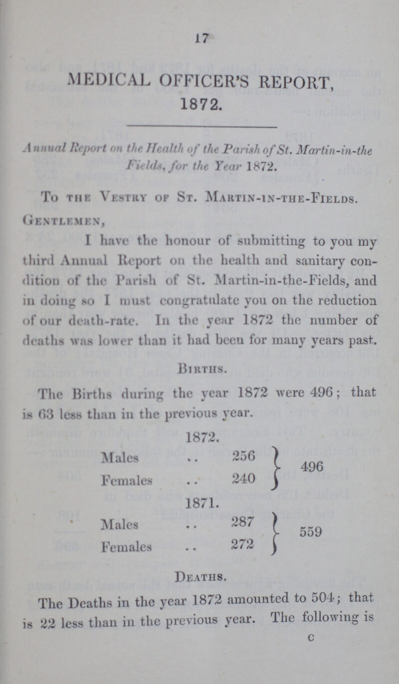 17 MEDICAL OFFICER'S REPORT, 1872. Annual Report on the health of the parish of St. Martin-in-the fields, for the Year 1872. To the Vestry of St. Martin-in-the-Fields. Gentlemen, I have the honour of submitting to you my third Annual Report on the health and sanitary con dition of the Parish of St. Martin-in-the-Fields, and in doing so I must congratulate you on the reduction of our death-rate. In the year 1872 the number of deaths was lower than it had been for many years past. Births. The Births during the year 1872 were 496; that is 03 less than in the previous year. 1872. Males 256 Females 240 1871. • Males 287 Females 272 Deaths. The Deaths in the year 1872 amounted to 504; that is 22 less than in the previous year. The following is c