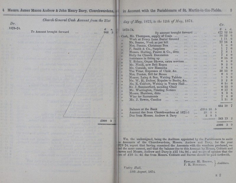 4 5 Messrs. James Mason Andrew & John Henry Davy, Churchwardens,??? in Account with the Parishioners of St. Martin-in the-Fields. Church General Cash Account from the 21st day of May, 1873, to the 12 th of May, 1874. Dr. Cr. 1873-74. £ s. d. 1873-74. £ s. d. TO Amount brought forward 908 3 ??? By amount brought forward 477 12 10 Cash, Mr. Thompson, supply of Coals 18 12 6 „ Work at Drury Lane Burial Ground 1 11 6 „ Mr. Soame, Work as per bill 77 16 4 „ Mrs. Ponton, Christmas Box 1 0 0 „ F. Smith & Co., Surplices 1 7 6 ,, Messrs. Hailing, Pearce & Co., ditto 7 8 1 ,, Holly for Church Decoration 7 4 0 „ Assistance in fitting up 0 15 0 „ T. Sidney, Organ Blower, extra services 0 5 0 „ Mr. Nicoll, new Bell Ropes 9 2 0 ,, Mr. Cornish, new Hassocks 5 8 4 „ The Vicar, Expenses of Choir, &c. 38 13 0 „ Mrs. Ponton, Bill for Boxes 0 5 0 „ Messrs. Laing & Son, Writing Tablets 1 3 6 ,, Mr. W. H. Dalton, Repairs to Books, &c. 2 2 0 „ Mr. E. Cobbett, Writing in Vestry Hall 0 10 0 ,, Mr. J. Summerford, mending Chair 0 12 0 ,, Mr. Warrington, Printing Notices 0 17 6 „ Messrs. Harrison, ditto 3 9 6 ,, Wine lor Sacraments 7 4 0 ,, Mr. J. Bowen, Candles 1 11 0 664 10 7 ,, Balance at the Bank £215 18 5 „ Amount due from Churchwardens of 1872-3 25 5 4 „ Due from Messrs. Andrew & Davy 2 9 5 243 13 2 £908 3 ??? £908 3 9 We, the undersigned, being the Auditors appointed by the Parishioners to audit ??? Accounts of the Churchwardens, Messrs. Andrew and Davy, for the year ???873-74, report that having examined the Accounts with the vouchers produced, we ???nd the same correct, and that the balance due to this Account by Messrs. Cobbett and ???ron and Messrs. Andrew and Davy is £27 14s. 9d.; and we are of opinion that the ???turn of £25 5s. Ad. due from Messrs. Cobbett and Barron should be paid forthwith. Edward H. Brown,} F. R. Nurthen,} Auditors. Vestry Hall, 19th August, 1874. E 2