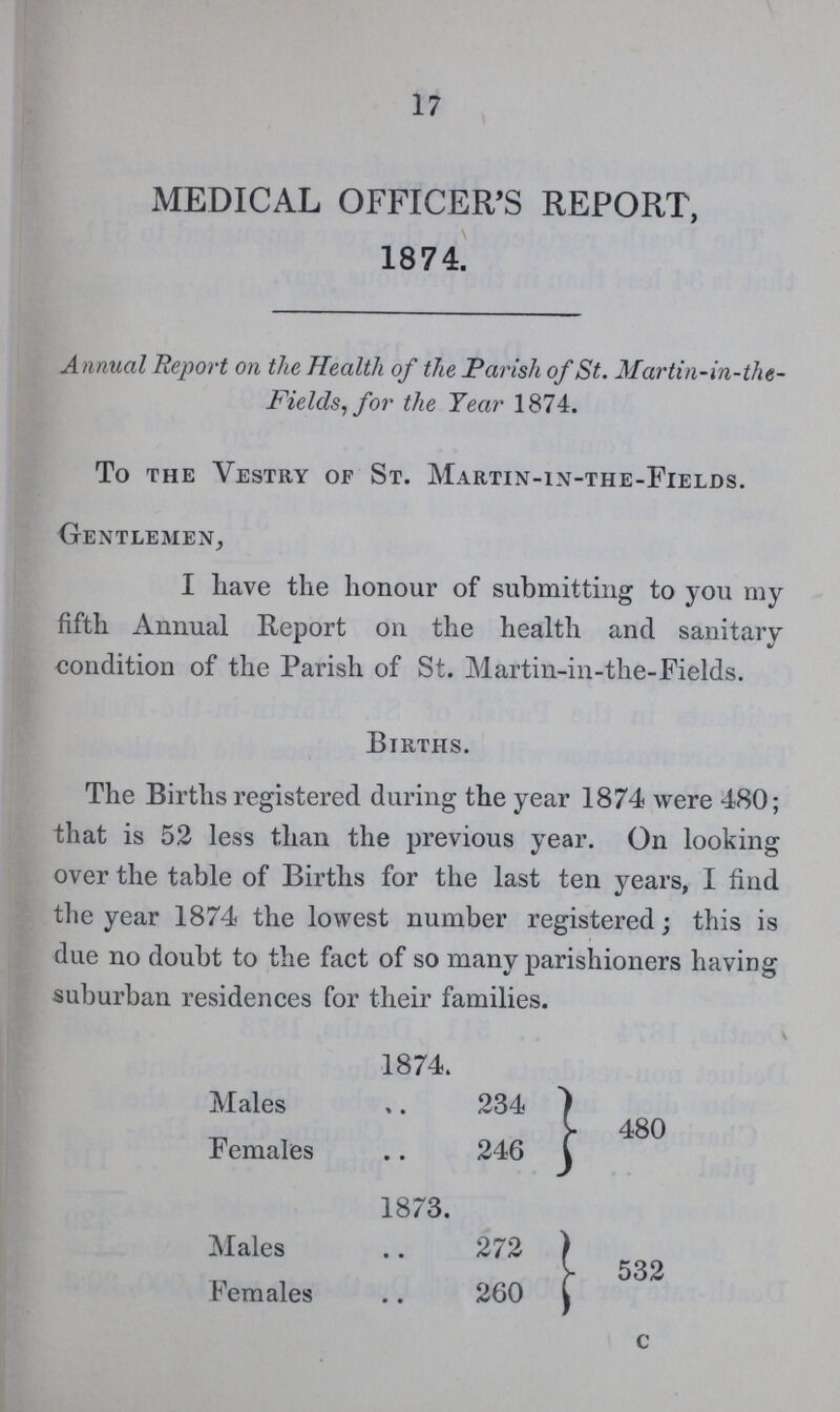 17 MEDICAL OFFICER'S REPORT, 1874. Annual Report on the Health of the Parish of St. Martin-in-the Fields, for the Tear 1874. To the Vestry of St. Martin-in-the-Fields. Gentlemen, I have the honour of submitting to you my fifth Annual Report on the health and sanitary condition of the Parish of St. Martin-in-the-Fields. Births. The Births registered during the year 1874 were 480; that is 52 less than the previous year. On looking over the table of Births for the last ten years, I find the year 1874 the lowest number registered; this is due no doubt to the fact of so many parishioners having suburban residences for their families. 1874. Males 234 Females 246 480 1873. Males 272 Females 260 532 c