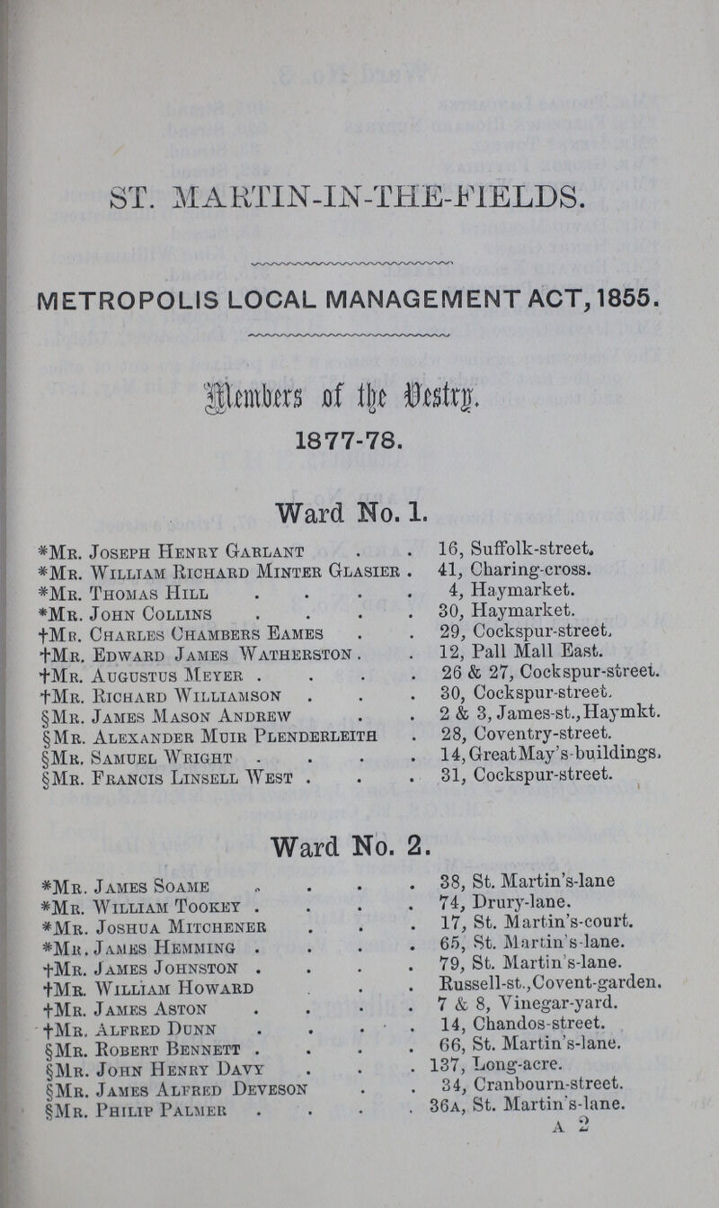 ST. MARTIN-IN THE-FIELDS. METROPOLIS LOCAL MANAGEMENT ACT, 1855. Member of the vestry 1877-78. Ward No. 1. *Mr. Joseph Henry Garlant 16, Suffolk-street. *Mr. William Richard Minter Glasier 41, Charing-cross. *Mr. Thomas Hill 4, Haymarket. *Mr. John Collins 30, Haymarket. †Mr. Charles Chambers Eames 29, Cockspur-street, †Mr. Edward James Watherston. 12, Pall Mall East. †Mr. Augustus Meyer 26 & 27, Cockspur-street. †Mr. Richard Williamson 30, Cockspur-street. §Mr. James Mason Andrew 2 & 3, James-st.,Haymkt. §Mr. Alexander Muir Plenderleith . 28, Coventry-street. §Mr. Samuel Wright 14,GreatMay's-buildings, §Mr. Francis Linsell West 31, Cockspur-street. Ward No. 2. *Mr. James Soame 38, St. Martin's-lane *Mr. William Tookey 74, Drury-lane. *Mr. Joshua Mitchener 17, St. Martin's-court. *Mr. James Hemming 65, St. Martin's-lane. †Mr. James Johnston 79, St. Martin's-lane. †Mr. William Howard Russell-st.,Covent-garden. †Mr. James Aston 7 & 8, Vinegar-yard. †Mr. Alfred Dunn 14, Chandos-street. §Mr. Robert Bennett 66, St. Martin's-lane. §Mr. John Henry Davy 137, Long-acre. §Mr. James Alfred Deveson 34, Cranbourn-street. §Mr. Philip Palmer 36a, St. Martin s-lane. A 2