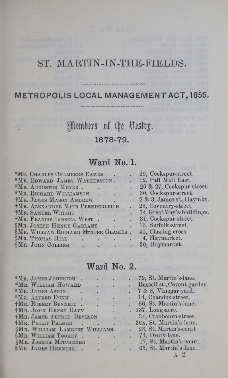 ST. MARTIN-IN-THE-FIELDS. METROPOLIS LOCAL MANAGEMENT ACT, 1855. Member of the Vestry. 1878-79. Ward No. 1. *Mr. Charles Chambers Eames 29, Cockspur-street, *Mr. Edward James Watherston. 12, Pall Mall East. #Mr. Augustus Meyer 26 & 27, Cockspur-street. *Mr. Richard Williamson 30, Cockspur-street. †Mr. James Mason Andrew 2 & 3, James-st.,Haymkt. †Mr. Alexander Muir Plenderleith 28, Coventry-street. †Mr, Samuel Wright 14,GreatMy's-buildings. †Mn. Francis Linsell West 31, Cockspur-street. §Mr. Joseph Henry Garlant 16, Suffolk-street, §Mr. William Richard Mtnter Glasier 41, Charing-cross. §Mr. Thomas Hill 4, Haymarket. §Mr. John Collins 30, Haymarket. Ward No. 2. *Mr. J ames Johnston 79, St. Martin's-lane. *Mr. William Howard Russell-st., Covent-garden *Mr. James Aston 7 & 8, -Yinegar-yard. *Mr, Alfred Dunn 14, Chandos-street. †Mr. Robert Bennett 66, St. Martin's-lane. †Mr. John Henry Davy 137, Long-acre. †Mr. James Alfred Deveson 34, Cranbourn-street. †Mr. Philip Palmer 36A, St. Martin's-lane. §Mr. William Lambert Williams 28, St. Martin's-court §Mr. William Tookey 74, Drury-lane. §Mr. Joshua Mitchener . 17, St. Martin's-court. §Mr. James Hemming 65, St. Martin's-lane.