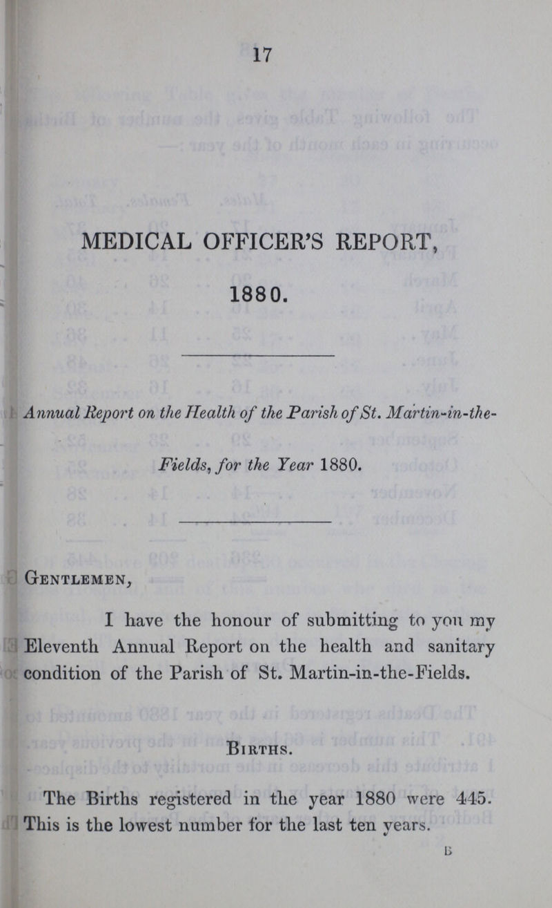 17 MEDICAL OFFICER'S REPORT, 1880. Annual Report on the Health of the Parish of St. Martin-in-the Fields, for the Year 1880. Gentlemen, I have the honour of submitting to you my Eleventh Annual Report on the health and sanitary condition of the Parish of St. Martin-in-the-Fields. Births. The Births registered in the year 1880 were 445. This is the lowest number for the last ten vears. B