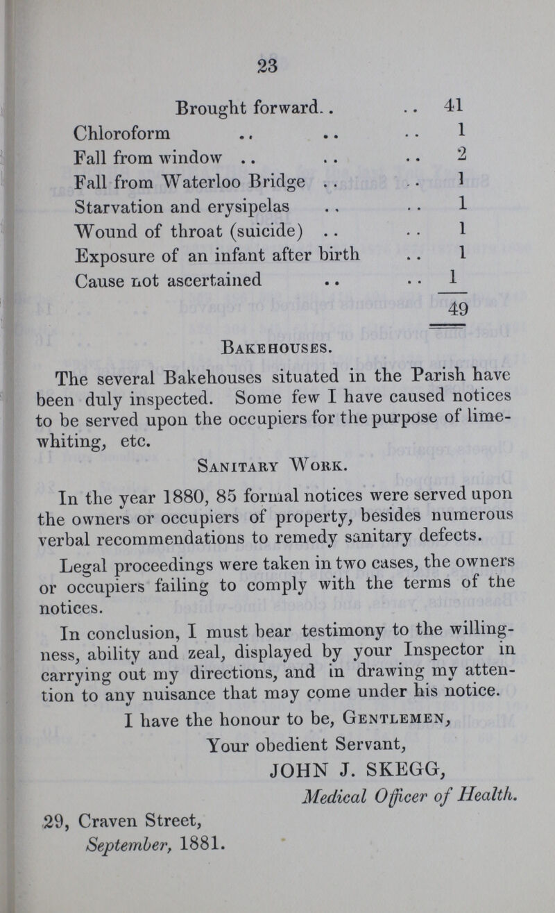 23 Brought forward 41 Chloroform 1 Fall from window 2 Fall from Waterloo Bridge 1 Starvation and erysipelas 1 Wound of throat (suicide) 1 Exposure of an infant after birth 1 Cause not ascertained 1 49 Bakehouses. The several Bakehouses situated in the Parish have been duly inspected. Some few I have caused notices to be served upon the occupiers for the purpose of lime whiting, etc. Sanitary Work. In the year 1880, 85 formal notices were served upon the owners or occupiers of property, besides numerous verbal recommendations to remedy sanitary defects. Legal proceedings were taken in two cases, the owners or occupiers failing to comply with the terms of the notices. In conclusion, I must bear testimony to the willing ness, ability and zeal, displayed by your Inspector in carrying out my directions, and in drawing my atten tion to any nuisance that may come under his notice. I have the honour to be, Gentlemen, Your obedient Servant, JOHN J. SKEGG, Medical Officer of Health. 29, Craven Street, September, 1881.