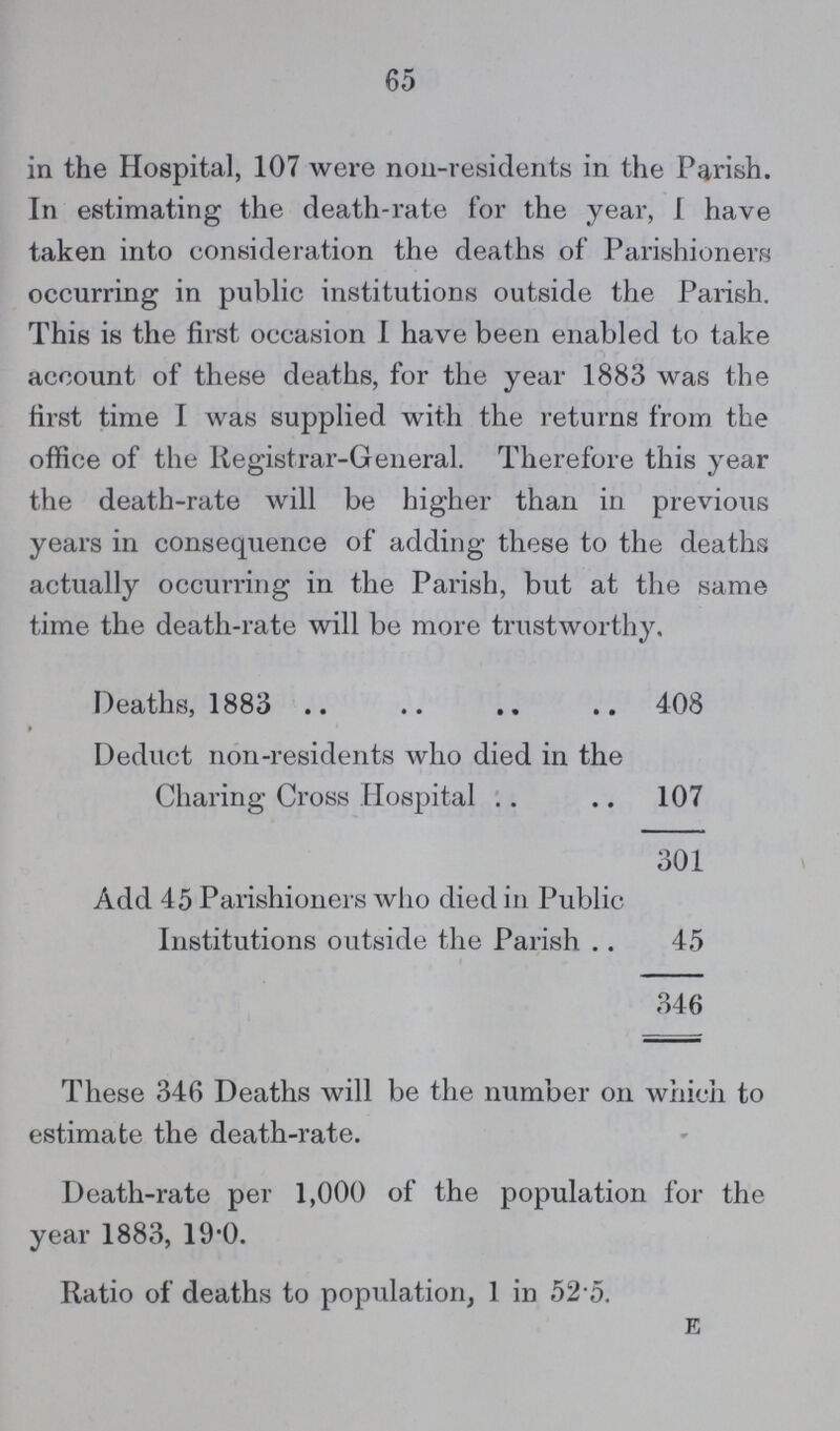 65 in the Hospital, 107 were non-residents in the Parish. In estimating the death-rate for the year, I have taken into consideration the deaths of Parishioners occurring in public institutions outside the Parish. This is the first occasion I have been enabled to take account of these deaths, for the year 1883 was the first time I was supplied with the returns from the office of the Registrar-General. Therefore this year the death-rate will be higher than in previous years in consequence of adding these to the deaths actually occurring in the Parish, but at the same time the death-rate will be more trustworthy. Deaths, 1883 408 Deduct non-residents who died in the Charing Cross Hospital 107 301 Add 45 Parishioners who died in Public Institutions outside the Parish 45 346 These 346 Deaths will be the number on which to estimate the death-rate. Death-rate per 1,000 of the population for the year 1883, 19.0. Ratio of deaths to population, 1 in 52.5. E
