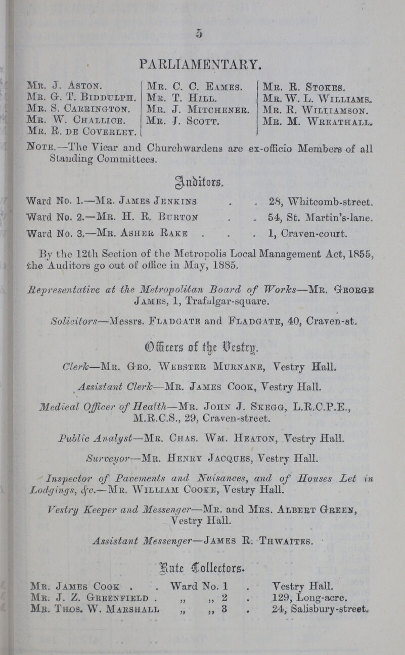 5 PARLIAMENTARY. Mr. J. Aston. Me. G. T. Biddulph. Mr. S. Caeeington. Me. W. Challice. Me. R. de Coveeley. Me. C. C. Eames. Me. T. Hill. Me. J. Mitchenee. Me. J. Scott. Me. R. Stokes. Me. W. L. Williams. Me. R. Williamson. Me. M. Weeatiiall. Note.—The Vicar and Churchwardens are ex-offioio Members of all Standing Committees. Auditors. Ward No. 1.—Me. James Jenkins 28, Whitcomb-street. Ward No. 2.—Mr. H. R. Bueton 54, St. Martin's-lane. Ward No. 3.—Me. Asheb Rake 1, Craven-court. By the 12th Section of the Metropolis Local Management Act, 1855, the Auditors go out of office in May, 1885. Representative at the Metropolitan Board of Works—Me. Geoegb James, 1, Trafalgar-square. Solicitors—Messrs. Fladgate and Fladgate, 40, Craven-st. Officers of the Vestry. Clerk—Me. Geo. Wkbstee Muenane, Vestry Hall. Assistant Cleric—Me. James Cook, Vestry Hall. Medical Officer of Health—Me. John J. Skegg, L.R.C.P.E., M.R.C.S., 29, Craven-street. Public Analyst—Me. Chas. Wm. Heaton, Vestry Hall. Surveyor—Mr. Heney Jacques, Vestry Hall. Inspector of Pavements and Nuisances, and of Houses Let in Lodgings, Sfc.—Me. William Cooke, Vestry Hall. Vestry Keeper and Messenger—Me. and Mes. Albert Geeen, Vestry Hall. Assistant Messenger—James R. Thwaitks. Rate -SoIIettors. Mr. James Cook Ward No. 1 . Vestry Hall. Me. J. Z. Geeenfield „ ,, 2 129, Long-acre. Mr. Thos. W. Maes hall „ ,, 3 24, Salisbury-street.