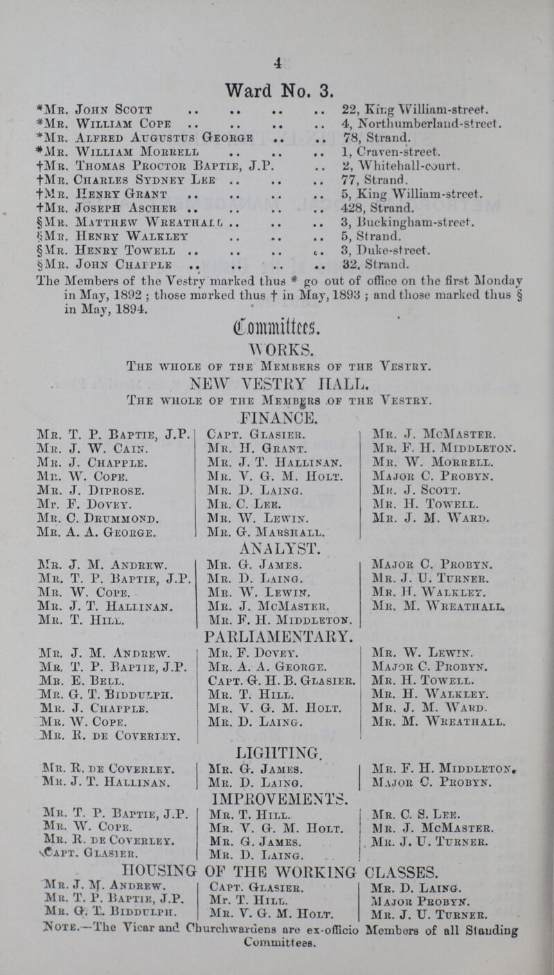 4 Ward No. 3. *Mb. John Scott 22, King William-street. *Mb. William Cote 4, Northumberland-street. *Mr. Alfred Augustus George 78, Strand. *Mr. William Morrell 1, Craven-street. †Mr. Thomas Proctor Baptie, J.P. 2, Whitehall-court. †Mr. Charles Sydney Lee 77, Strand. †MR. Henry Grant 5, King William-street. †Mr. Joseph Asciier 428, Strand. §Mr. Matthew WreathaLL. 3, Buckingham-street. $Mr. Henry Walkley 5, Strand. §Mr. Henry Towell 3, Duke-street. §Mr. John Chatple 32. Strand. The Members of the Vestry marked thus * go out of office on the first Monday in May, 1892 ; those marked thus † in May, 1893 ; and those marked thus § in May, 1894. Committees. WORKS. The whole of the Members of the Vestry. NEW VESTRY HALL. The whole of the members of the Vestry. FINANCE. Mr. T. P. Baptie, J.P. Capt. Glasier. Mr. J. McMaster. Mr. J. W. Cain. Mr. H. Grant. Mr. F. H. Middleton. Mr. J. Chapple. Mr. J. T. Hallinan. Mr. W. Morrell. Mr.. W. Cope. Mr. V. G. M. Holt. Major C. Probyn. Mr. J. Diprose. Mr. D. Laing. Mr. J. Scott. Mr. F. Dovey. Mr. C. Lee. Mr. H. Towell. Mr. C. Drummond. Mr. W. Lewin. Mr. J. M. Ward. Mr. A. A. George. Mr. G. Marshall. ANALYST. Mr. J. M. Andrew. Mr. G. James. Major C. Probyn. Mr. T. P. Baptie, J.P. Mr. D. Laing. Mr. J. U. Turner. Mr. W. Cope. Mr. W. Lewin. Mr. II. Walkley. Mr. J. T. Hallinan. Mr. J. McMaster. Mr. M. Wreathall. Mr. T. Hill. Mr. F. II. Middleton. PARLIAMENTARY. Mr. J. M. Andrew. Mr. F. Doyey. Mr. W. Lewin. Mr. T. P. Bapiie, J.P. Mr. A. A. George. Major C. Probyn. Mr. E. Bell. Capt. G. II. B. Glasier. Mr. H. Towell. Mr. G. T. biddulph. Mr. T. Hill. Mr. H. Walkley. Mr. J. Chatple. Mr. V. G. M. holt. Mr. J. M. Ward. Mr. W. Cope. Mr. D. Laing. Mr. M. Wreathall. Mr. B. de Coverley. LIGHTING. Mr. B. de Coverley. Mr. G. James. Mr. F. H. Middleton, Mr. J. T. hallinan. Mr. D. Laing. Major C. Probyn. IMPROVEMENTS. Mr. T. P. Baptie, J.P. Mr. T. Hill. Mr. C. S. Lee. MR. W. Cope. Mr. V. G. M. holt. Mr. J. McMaster. Mr. B. de Coverley. Mr. G. James. Mr. J. U. Turner. Capt. Glasier. Mr. D. Laing. HOUSING OF THE WORKING CLASSES. Mr. J. M- Andrew. Capt. Glasier. Mr. d. Laing. Mr. T. P. Baptie, J.P. Mr. T. Hill. M ajor Probyn. Mr. G. TL Biddulpii. Mr. V. G. M. IIolt. Mr. J. U. Turner. Note,- Vicar and Churchwardens are ex-officio Members of all Standing Committees.