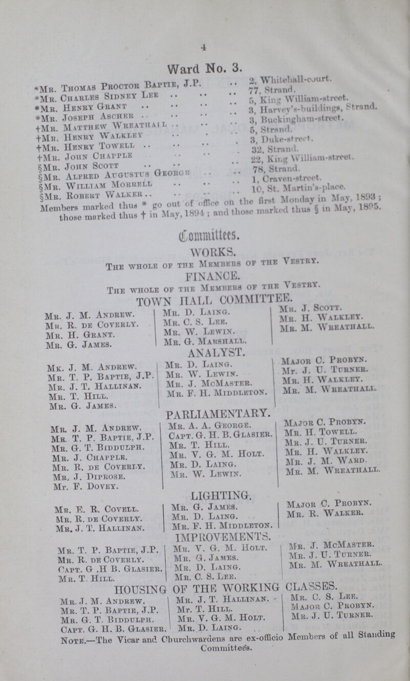 4 Ward No. 3. *Mr. Thomas Proctor Baptie, J.P. 2, Whitehall-court. *Mr. Charles Sidney Lee 77, Strand. *Mr. Henry Grant 5, King William-street. *Mr. Joseph Ascher 3, Harvey's-buildings, strand. †Mr. Matthew Wreathail 3, Buckingham-street. †Mr. Henry Walkley 5, Strud. †Mr. Henry Towell 3, Duke-street. †Mr. John Chapple 32. Strand. §Mr. John Scott 22, King William-street. §Mr. Alfred Augustus George 78, Strand. §Mr. William Morrell 1, Craven-street. §Mr. Robert Walker 10, St. Martin’s-place. Members marked thus * go out of office on the first Monday in May, 1893; those marked thus † in May, 1891; and those marked thus § in May, 1895. Committees. WORKS. The whole of the Members of the Vestry. FINANCE. The whole of the Members of the Vestry. TOWN HALL COMMITTEE. Mr. J. M. Andrew. Mr. R. de Coverly. Mr. H. Grant. Mr. G. James. Mr. D. Laing. Mr. C. S. Lee. Mr. W. Lewin. Mr. G. Marshall. Mr. J. Scott. Mr. H. Walkley. Mr. M. Wreathall. ANALYST. Mr. J. M. Andrew. Mr. T. P. Baptie, J.P. Mr. J. T. Hallinan. Mr. T. Hill. Mr. G. James. Mr. D. Laing. Mr. W. Lewin. Mr. J. McMaster. Mr. F. H. Middleton. Major C. Probyn. Mr. J. U. Turner. Mr. H. Walkley. Mr. M. Wreathall. PARLIAMENTARY. Mr. J. M. Andrew. Mr. T. P. Baptie, J.P. Mr. G. T. Biddulph. Mr. J. Chapple. Mr. R. de Coverly. Mr. J. Diprose. Mr. F. Dovey. Mr. A. A. George. Capt. G. H. B. Glasier. Mr. T. Hill. Mr. V. G. M. Holt. Mr. D. Laing. Mr. W. Lewin. Major C. Probyn. Mr. II. Towell. Mr. J. U. Turner. Mr. H. Walkley. Mr. J. M. Ward. Mr. M. Wreathall. LIGHTING Mr. E. R. Covell. Mr. R. de Coverly. Mr. J. T. Hallinan. Mr. G. James. Mr. D. Laing. Mr. F. H. Middleton. Major C. Probyn. Mr. R. Walker. IMPROVEMENTS Mr. T. P. Baptie, J.P. Mr. R. de Coverly. Capt. &.HB. Glasier. Mr. T. Hill. Mr. V. G. M. Holt. Mr. G. James. Mr. D. Laing. Mr. C. S. Lee. Mr. J. McMaster. Mr. J. U. Turner. Mr. M. Wreatiiall. HOUSING OF THE WORKING CLASSES Mr. J. M. Andrew. Mr. T. P. Baptie, J.P. Mr. G. T. Biddulph. Capt. G. H. B. Glasier. Mr. J. T. Hallinan. Mr. T. Hill. Mr. V. G. M. Holt. Mr. D. Laing. Mr. C. S. Lee. Major C. Probyn. Mr. J. U. Turner. Note.—The Vicar and Churchwardens are ex-officio Members of all Standing Committees.