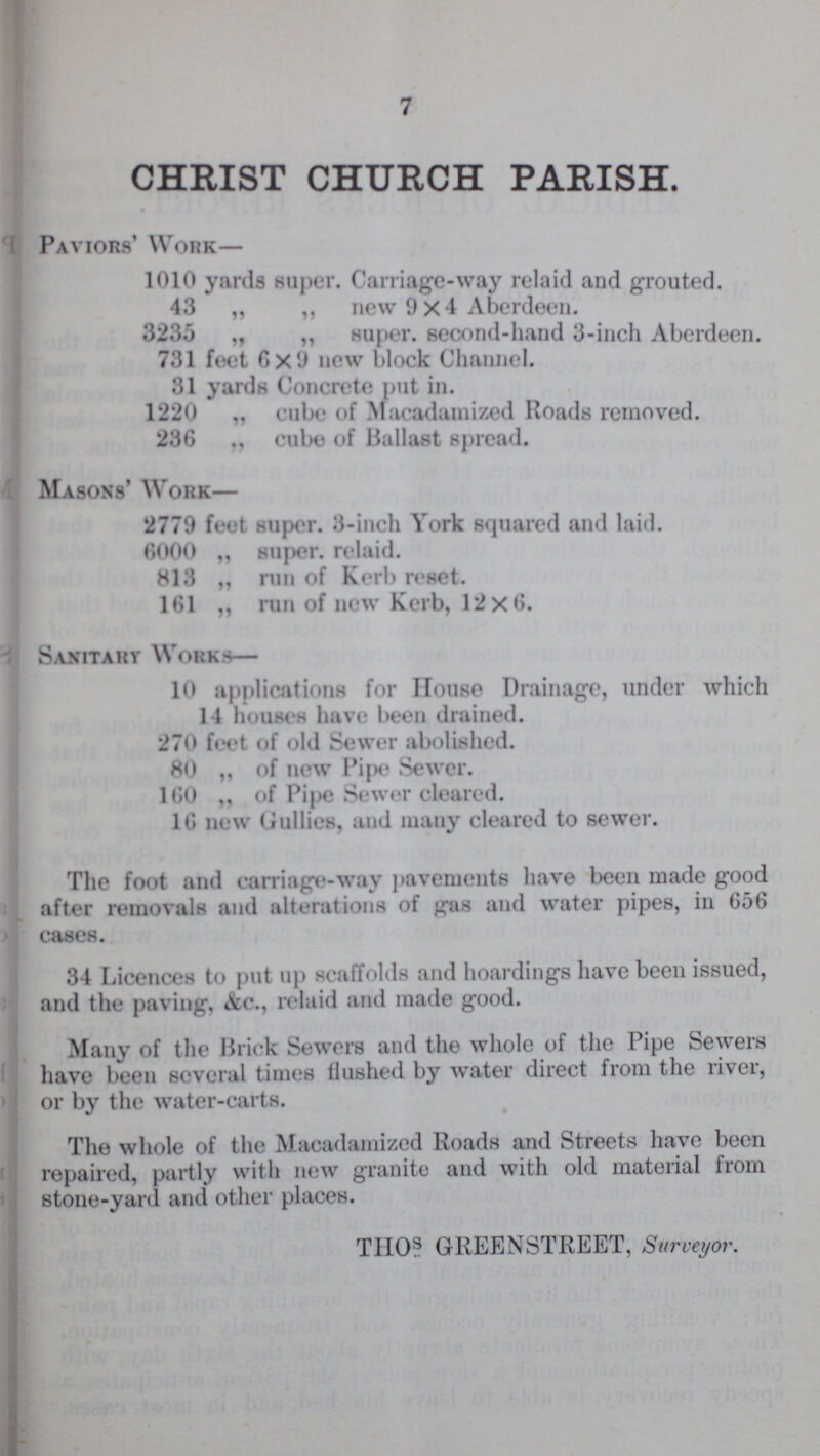7 CHRIST CHURCH PARISH. Paviors' Work— 1010 yards super. Carriage-way relaid and grouted. 43 „ „ new 9×4 Aberdeen. 3235 „ „ super, second-hand 3-inch Aberdeen. 731 feet 6×9 new block Channel. 31 yards Concrete put in. 1220 „ cube of Macadamized Roads removed. 236 cube of Ballast spread. Masons' Work— 2779 feet super. 8-inch York squared and laid. 6000 „ super, relaid. 813 „ run of Kerb reset. 161 „ run of new Kerb, 12×6. Sanitary Works— 10 applications for House Drainage, under which 14 houses have been drained. 270 feet of old Sewer abolished. 80 „ of new Pipe Sewer. 160 „ of Pipe Sewer cleared. 16 new Gullies, and many cleared to sewer. The foot and carriage-way pavements have been made good after removals and alterations of gas and water pipes, in 656 cases. 34 Licences to put up scaffolds and hoardings have been issued, and the paving, &c., relaid and made good. Many of the Brick Sewers and the whole of the Pipe Sewers have been several times flushed by water direct from the river, or by the water-carts. The whole of the Macadamized Roads and Streets have been repaired, partly with new granite and with old material from stone-yard and other places. THOS GREENSTREET, Surveyor.