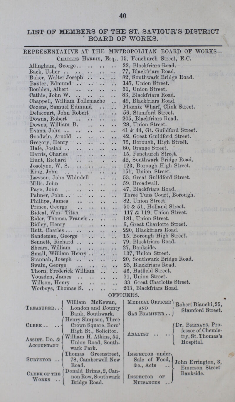 40 LIST OF MEMBERS OF THE ST. SAVIOUR'S DISTRICT BOARD OF WORKS. REPRESENTATIVE AT THE METROPOLITAN BOARD OF WORKS— Charles Harris, Esq., 15, Fcnchurch Street, E.C. Allingham, George 22, Blackfriars Road. Back, Usher 77, Blackfriars Road. Baker, Walter Joseph 82, Southwark Bridge Road. Baxter, Edmund 147, Union Street. Boulden, Albert 31, Union Street. Cathie, John W 83, Blackfriars Road. Chappell, William Tollemache 49, Blackfriars Road. Cozens, Samuel Edmund Phoenix Wharf, Clink Street. Delacourt, John Robert 56, Stamford Street. Downs, Robert 205, Blackfriars Road. Downs, William B. 28, Union Street. Evans, John 41 & 44, Gt. Guildford Street. Goodwin, Arnold 42, Great Guildford Street. Gregory, Henry 75, Borough, High Street. Hale, Josiah 80, Orange Street. Harris, Charles 15, Fenchurch Street. Hunt, Richard 42, Southwark Bridge Road. Josolyne, W. S. 123, Borough High Street. King, John 151, Union Street. Lawson, John Whindell 53, Great Guildford Street. Mills. John 59, Broadwall. Page, John 47, Blackfriars Road. Palmer, John Three Tuns Court, Borough. Phillips, James 82, Union Street. Prince, George 50 & 51, Holland Street. Rideal, Wm. Titus 117 & 119, Union Street. Rider, Thomas Francis 181, Union Street. Ridley, Henry 6, Great Charlotte Street. Rutt, Charles 220, Blackfriars Road. Sandeman, George 15, Borough High Street. Sennett, Richard 79, Blackfriars Road. Shears, William 27, Bankside. Small, William Henry 137, Union Street. Stannah, Joseph 20, Southwark Bridge Road. Swain, George 23, Blackfriars Road. Thorn, Frederick William 46, Hatfield Street. Vousden, James 71, Union Street. Willson, Henry 33, Great Charlotte Street. Worboys, Thomas S 203, Blackfriars Road. OFFICERS. Treasurer. William McKewan, London and County Bank. Southwark. Clerk Henry Simpson, Three Crown Square, Boro' High St., Solicitor. Assist. Do. & Accountant William H. Atkins, 54, Union Road, South wark Park. Surveyor Thomas Greenstreet, 78, Camberwell New Road. Clerk of the Works Donald Brims, 2, Can non Row, Southwark Bridge Road. Medical Officer and Gas Examiner Robert Bianchi,25, Stamford Street. Analyst Dr. Bernays, Pro fessor of Chemis try, St. Thomas's Hospital. Inspector under Sale of Food, &c., Acts Inspector of Nuisances . John Errington, 3, Emerson Street Bankside.