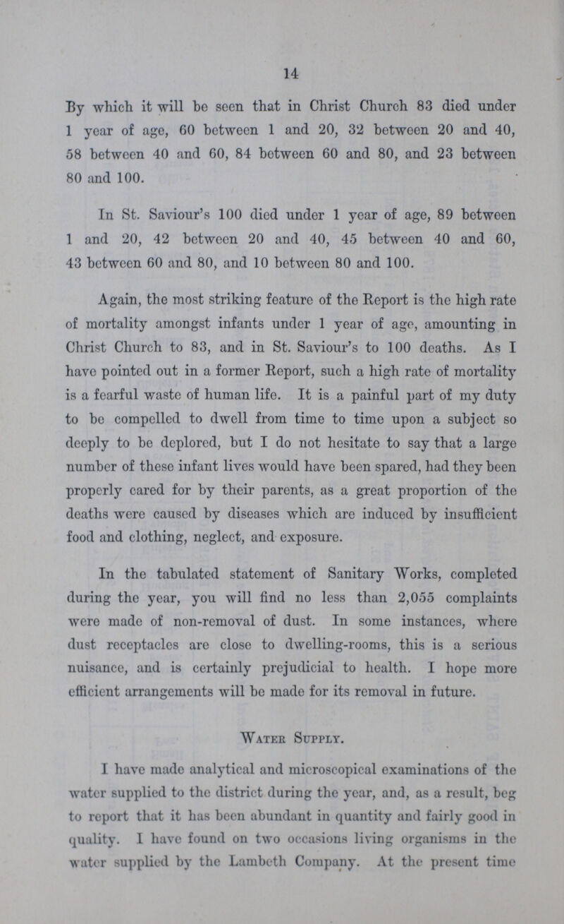 14 By which it will bo seen that in Christ Church 83 diod under 1 year of age, 60 between 1 and 20, 32 between 20 and 40, 58 between 40 and 60, 84 botween 60 and 80, and 23 between 80 and 100. In St. Saviour's 100 died undor 1 year of age, 89 betwoen 1 and 20, 42 between 20 and 40, 45 between 40 and 60, 43 between 60 and 80, and 10 between 80 and 100. Again, the most striking feature of the Report is the high rate of mortality amongst infants under 1 year of age, amounting in Christ Church to 83, and in St. Saviour's to 100 deaths. As I have pointed out in a former Report, such a high rate of mortality is a fearful waste of human lifo. It is a painful part of my duty to be compelled to dwell from time to time upon a subject so deeply to be deplored, but I do not hesitate to say that a largo number of these infant lives would have been spared, had they been properly cared for by their parents, as a great proportion of tho deaths were caused by diseases which are induced by insufficient food and clothing, neglect, and exposure. In the tabulated statement of Sanitary Works, completed during the year, you will find no less than 2,055 complaints were made of non-removal of dust. In some instances, where dust receptacles are close to dwelling-rooms, this is a serious nuisance, and is certainly prejudicial to health. I hope more efficient arrangements will be made for its removal in future. Water Supply. I have made analytical and microscopical examinations of the water supplied to the district during the year, and, as a result, beg to report that it has been abundant in quantity and fairly good in quality. I have found on two occasions living organisms in the water supplied by the Lambeth Company. At the present time