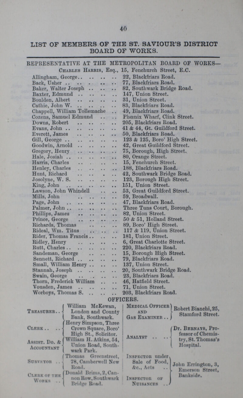40 LIST OF MEMBERS OF THE ST. SAVIOUR'S DISTRICT BOARD OF WORKS. REPRESENTATIVE AT THE METROPOLITAN BOARD OP WORKS— Charles Harris, Esq., 15, Fenchurch Street, E.C. Allingham, George 22, Blackfriars Road. Back, Usher 77, Blackfriars Road. Baker, Walter Joseph 82, Southwark Bridge Road. Baxter, Edmund 147, Union Street. Boulden, Albert 31, Union Street. Cathie, John W. 83, Blackfriars Road. Chappell, William Tollemache 49, Blackfriars Road. Cozens, Samuel Edmund Phoenix Wharf, Clink Street. Downs, Robert 205, Blackfriars Road. Evans, John 41 & 44, Gt. Guildford Street. Everett, James 50, Blackfriars Road. Gill, George 123 & 125, Boro' High Street. Goodwin, Arnold 42, Great Guildford Street. Gregory, Henry 75, Borough, High Street. Hale, Josiah 80, Orange Street. Harris, Charles 15, Fenchurch Street. Henley, Charles 188, Blackfriars Road. Hunt, Richard 42, Southwark Bridge Road. Josolyne, W. S 123, Borough High Street. King, John 151, Union Street. Lawson, John Whindell 53, Great Guildford Street. Mills, John 59, Broadwall. Page, John 47, Blackfriars Road. Palmer, John Three Tuns Court, Borough. Phillips, James 82, Union Street. Prince, George 50 & 51, Holland Street. Richards, Thomas 89, Boro' High Street. Rideal, Wm. Titus 117 & 119, Union Street. Rider, Thomas Francis 181, Union Street. Ridley, Henry 6, Great Charlotte Street. Rutt, Charles 220, Blackfriars Road. Sandeman, George 15, Borough High Street. Sennett, Richard 79, Blackfriars Road. Small, William Henry 137, Union Street. Stannah, Joseph 20, Southwark Bridge Road. Swain, George 23, Blackfriars Road. Thorn, Frederick William 46, Hatfield Street. Vousden, James 71, Union Street. Worboys, Thomas S. 203, Blackfriars Road. OFFICERS. Treasurer. William McKewan, London and County Bank. Southwark. Clerk Henry Simpson, Three Crown Square, Boro' High St., Solicitor. Assist. Do. & Accountant William H.Atkins, 54, Union Road, South wark Park. surveyor Thomas Greenstreet, 78, Camberwell New Road. Clerk of the Works Donald Brims, 2, Can non Row, Southwark Bridge Road. Medical Officer and Gas Examiner Robert Bianchi, 25, Stamford Street. Analyst Dr. Bernays, Pro fessor of Chemis try, St. Thomas's Hospital. Inspector under Sale of Food, Arc., Acts Inspector of Nuisances John Errington, 3, Emerson Street, Bankside.