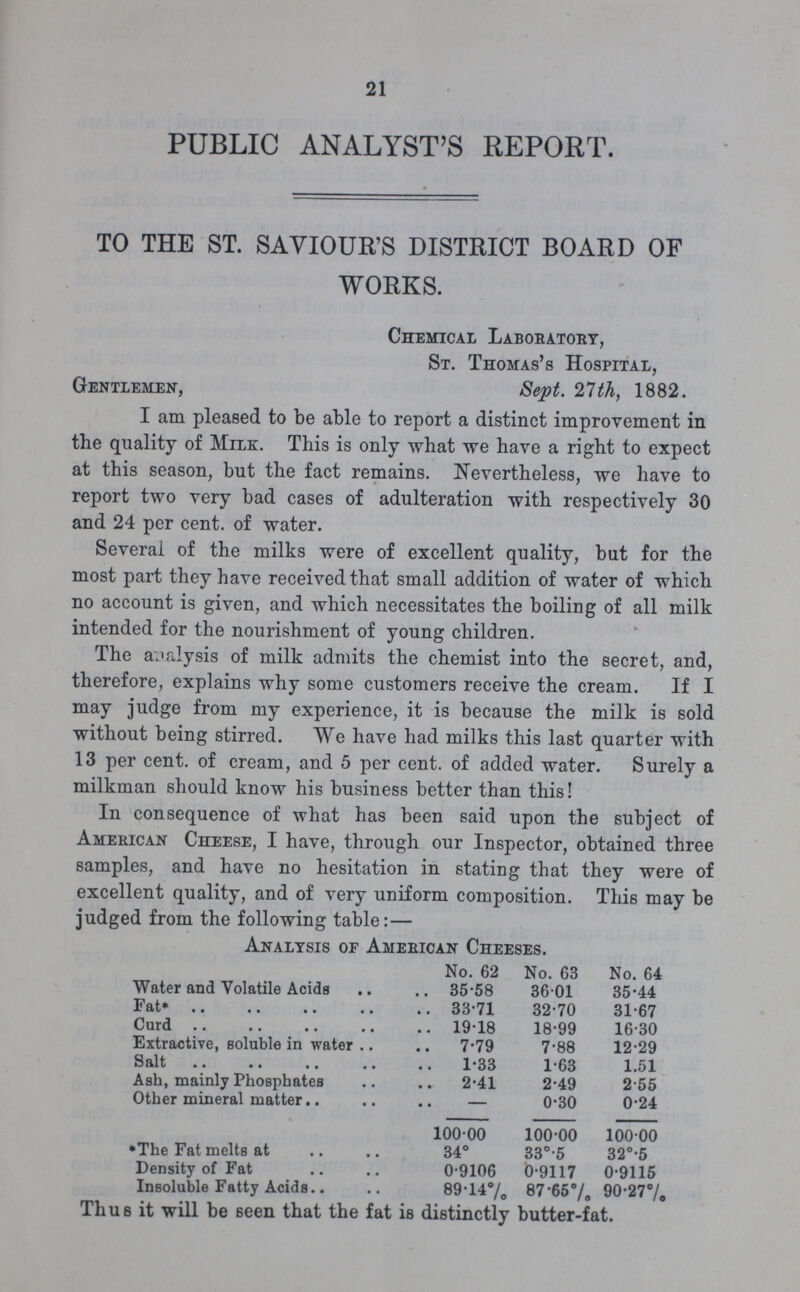 21 PUBLIC ANALYST'S REPORT. TO THE ST. SAVIOUR'S DISTRICT BOARD OF WORKS. Chemical Laboratory, St. Thomas's Hospital, Gentlemen, Sept. 27th, 1882. I am pleased to be able to report a distinct improvement in the quality of Milk. This is only what we have a right to expect at this season, but the fact remains. Nevertheless, we have to report two very bad cases of adulteration with respectively 30 and 24 per cent. of water. Several of the milks were of excellent quality, bat for the most part they have received that small addition of water of which no account is given, and which necessitates the boiling of all milk intended for the nourishment of young children. The analysis of milk admits the chemist into the secret, and, therefore, explains why some customers receive the cream. If I may judge from my experience, it is because the milk is sold without being stirred. We have had milks this last quarter with 13 per cent. of cream, and 5 per cent. of added water. Surely a milkman should know his business better than this! In consequence of what has been said upon the subject of American Cheese, I have, through our Inspector, obtained three samples, and have no hesitation in stating that they were of excellent quality, and of very uniform composition. This may be judged from the following table:— Analysis of American Cheeses. No. 62 No. 63 No. 64 Water and Volatile Acids 35.58 36.01 35.44 Fat* 33.71 32.70 31.67 Curd 19.18 18.99 16.30 Extractive, soluble in water 7.79 7.88 12.29 Salt 1.33 1.63 1151 Ash, mainly Phosphates 2.41 2.49 2.55 Other mineral matter — 0.30 0.24 100.00 100.00 100.00 *The Fat melts at 34° 33°.5 32°.5 Density of Fat 0.9106 0.9117 0.9115 Insoluble Fatty Acids.. 89.14% 87.65% 90.27% Thus it will be seen that the fat is distinctly butter-fat.