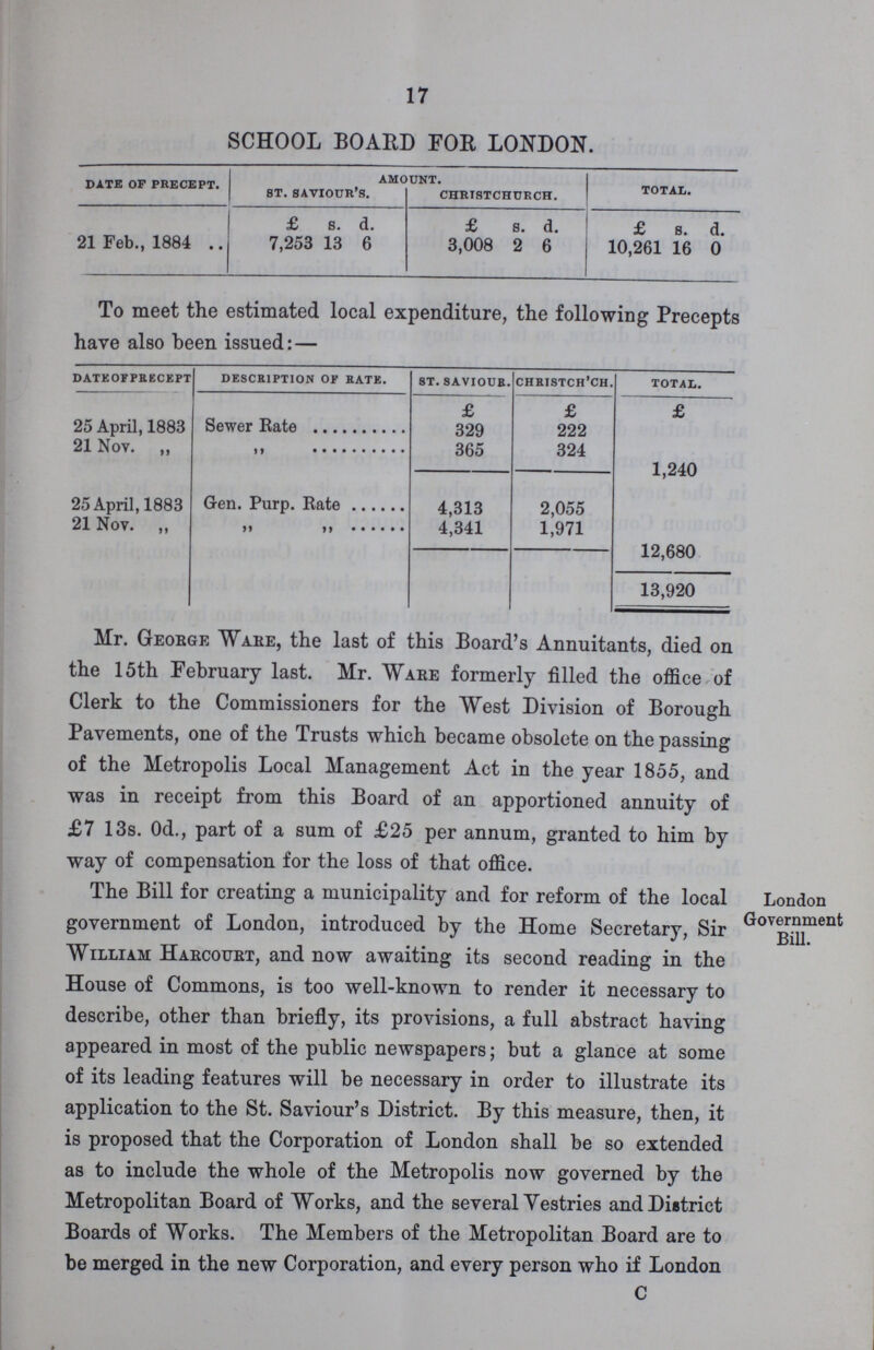 17 SCHOOL BOARD FOR LONDON. DATE OF PRECEPT. AMOUNT. TOTAL. ST. SAVIOUR'S. CHRISTCHURCH. £ s. d. £ s. d. £ s. d. 21 Feb., 1884 7,253 13 6 3,008 2 6 10,261 16 0 To meet the estimated local expenditure, the following Precepts have also been issued: — ddate of precept description of rate. s. saviour. christch'ch. total. £ £ £ 25 April, 1883 Sewer Rate 329 222 21 Nov. ,, ,, 365 324 1,240 25 April, 1883 Gen. Purp. Rate 4,313 2,055 21 Nov. „ ,, 4,341 1,971 12,680 13,920 Mr. George Ware, the last of this Board's Annuitants, died on the 15th February last. Mr. Ware formerly filled the office of Clerk to the Commissioners for the West Division of Borough Pavements, one of the Trusts which became obsolete on the passing of the Metropolis Local Management Act in the year 1855, and was in receipt from this Board of an apportioned annuity of £7 13s. 0d., part of a sum of £25 per annum, granted to him by way of compensation for the loss of that office. The Bill for creating a municipality and for reform of the local government of London, introduced by the Home Secretary, Sir William Harcourt, and now awaiting its second reading in the House of Commons, is too well-known to render it necessary to describe, other than briefly, its provisions, a full abstract having appeared in most of the public newspapers; but a glance at some of its leading features will be necessary in order to illustrate its application to the St. Saviour's District. By this measure, then, it is proposed that the Corporation of London shall be so extended as to include the whole of the Metropolis now governed by the Metropolitan Board of Works, and the several Yestries and District Boards of Works. The Members of the Metropolitan Board are to be merged in the new Corporation, and every person who if London C London Government Bill.