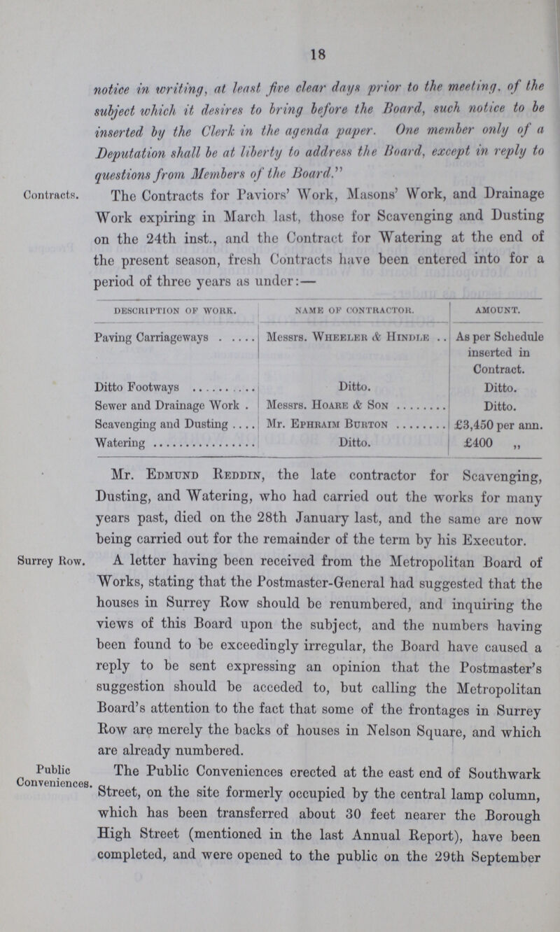 18 notice in writing, at least five clear days prior to the meeting, of the subject which it desires to bring before the Board, such notice to be inserted by the Clerk in the agenda paper. One member only of a Deputation shall be at liberty to address the Hoard, except in reply to Questions from Members of the Board. Contracts. The Contracts for Paviors' Work, Masons' Work, and Drainage Work expiring in March last, those for Scavenging and Dusting on the 24th inst., and the Contract for Watering at the end of the present season, fresh Contracts have been entered into for a period of three years as under:— description of work. name of contractor. AMOUNT Paving Carriageways Messrs. Wheeler & Hindle As per Schedule inserted in Contract. Ditto Footways Ditto. Ditto. Sewer and Drainage Work . Messrs. Hoare & Son Ditto. Scavenging and Dusting Mr. Ephraim Burton £3,450 per ann. Watering Ditto. £400 „ Mr. Edmund Reddin, the late contractor for Scavenging, Dusting, and Watering, who had carried out the works for many years past, died on the 28th January last, and the same are now being carried out for the remainder of the term by his Executor. A letter having been received from the Metropolitan Board of Works, stating that the Postmaster-General had suggested that the houses in Surrey Row should be renumbered, and inquiring the views of this Board upon the subject, and the numbers having been found to be exceedingly irregular, the Board have caused a reply to be sent expressing an opinion that the Postmaster's suggestion should be acceded to, but calling the Metropolitan Board's attention to the fact that some of the frontages in Surrey Row are merely the backs of houses in Nelson Square, and which are already numbered. The Public Conveniences erected at the east end of Southwark Street, on the site formerly occupied by the central lamp column, which has been transferred about 30 feet nearer the Borough High Street (mentioned in the last Annual Report), have been completed, and were opened to the public on the 29th September Surrey Row. Public Conveniences.