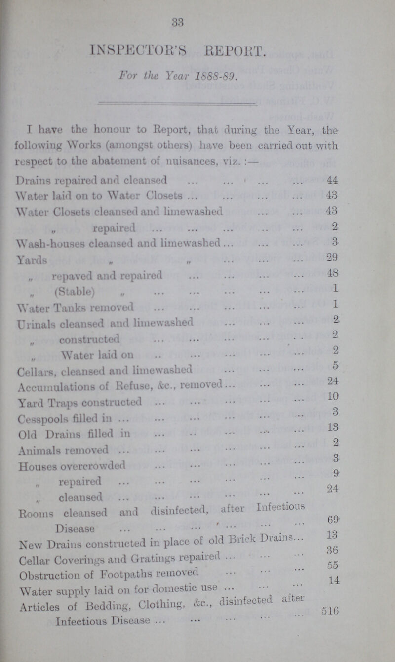 33 INSPECTOR'S REPORT. For the Year 1888-89. I have the honour to Report, that during the Year, the following Works (amongst others) have been carried out with respect to the abatement of nuisances, viz. :- Drains repaired and cleansed 44 Water laid on to Wat Closets 43 Water Closets cleansed and limewashed 43 „ repaired 2 Wash-houses cleansed and limewashed 3 Yards „ „ 29 repaved and repaired 48 „ (Stable. „ 1 Water Tanks removed 1 Urinals cleansed and limewashed 2 „ constructed 2 „ Water laid on 2 Cellars, cleansed and limewashed 5 Accumulations of Refuse, Ac., removed 24 Yard Traps constructed 10 Cesspools filled in 3 Old Drains filled in 13 Animals removed 2 Houses overcrowded 3 „ repaired 9 „ cleansed 24 Rooms cleansed and disinfected, after Infectious Disease 69 New Drains constructed in place of old Brick Drains 13 Cellar Coverings and Gratings repaired 55 Obstruction of Footpaths removed 14 Water supply laid on for domestic use Articles of Bedding, Clothing, &c., disinfected after Infectious Disease 516