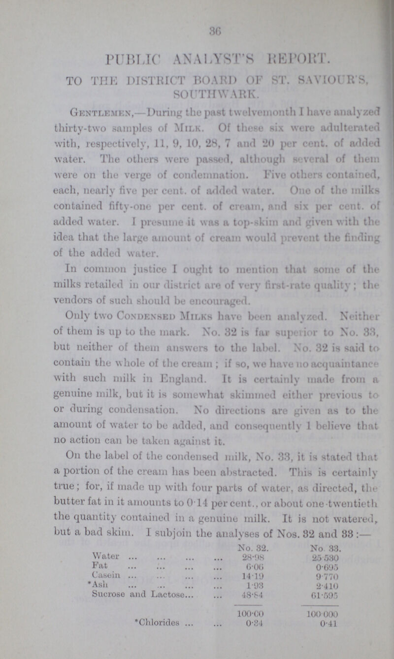 36 PUBLIC ANALYST'S REPORT. TO THE DISTRICT BOARD 01 ST. SAVIOUR'S, SOUTHWARK. Gentlemen,- Daring the past twelvemonth I have analyzed thirty-two samples of Milk. Of those six were adulterated with, respectively, 11, 9, 10, 28, 7 and 20 per cent. of added water. The others were passed, although several of them were on the verge of condemnation. Five Others contained, each, nearly five per cent. of added water. One of the milks contained fifty-one per cent. of cream, and six per cent, of added water. I presume it was a top—kim and given with the idea that the large amount of cream would prevent the finding of the added water. In common justice I ought to mention that some of the milks retailed in our district are of very first-rate quality; tin vendors of such should be encouraged. Only two Condensed Milks have been analyzed. Neither of them is up to the mark. No. 32 is far supe ior to No. 33, but neither of them answers to the label. No. 32 is said to contain the whole of the cream ; if so, we have no acquaintance with such milk in England. It is certainly made from a genuine milk, but it is somewhat skimmed either previous t< or during condensation. No directions are given as to the amount of water to be added, and consequently 1 believe that no action can he taken against it. On the label of the condensed milk, No. 33, it is stated that a portion of the cream has been abstracted. This is certainly true; for, if made up with four parts of water, as directed, the butter fat in it amounts to 014 percent., or about one twentieth the quantitv contained in a srenuine milk. It is not watered but a bad skim. I subjoin the analyses of Nos. 32 and 33 :— No. 32. No 33. Water 28.98 25.530 Fat 6.06 0.695 Casein 14.19 9.770 *Ash 1.93 2.410 Sucrose and Lactose 48.84 61.595 100.00 100.000 * Chlorides 0.34 0.41