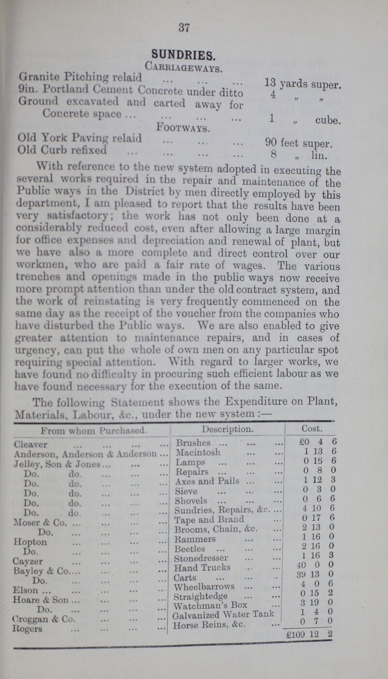 37 SUNDRIES. Carriageways. Granite Pitching relaid 13 yards super 9in. Portland Cement Concrete under ditto 4 Ground excavated and carted away for Concrete space 1 „ cube Footways. Old York Paving relaid 90 feet super Old Curb refixed 8 „ lin With reference to the new system adopted in executing the several works required in the repair and maintenance of the public ways in the District by men directly employed by this department, I am pleased to report that the results have been very satisfactory; the work has not only been done at a considerably reduced cost, even after allowing a large margin for office expenses and depreciation and renewal of plant, but we have also a more complete and direct control over' our workmen, who are paid a fair rate of wages. The various trenches and openings made in the public ways now receive more prompt attention than under the old contract system, and the work of reinstating is very frequently commenced on the same day as the receipt of the voucher from the companies who have disturbed the Public ways. We are also enabled to give greater attention to maintenance repairs, and in cases of urgency, can put the whole of own men on any particular spot requiring special attention. With regard to larger works, we have found no difficulty in procuring such efficient labour as we have found necessary for the execution of the same. The following Statement shows the Expenditure on Plant, Materials, Labour, &e., under the new system :— From whom Purchased. Description. cost Cleaver Brushes £0 4 6 Anderson, Anderson & Anderson Macintosh 1 13 6 Jelley, Son & Jones Lamps 0 15 6 Do. do Repairs 0 8 0 Do. do. Axes and Pails 1 12 3 Do. do Sieve 0 3 0 Do. do Shovels 0 6 6 Do. do. Sundries, Repairs, &c 4 10 6 Moser & Co Tape and Brand 0 17 6 Do Brooms, Chain, &c. 2 13 0 Hopton Rammers 1 16 0 Do. Beetles 2 16 0 Cayzer Stonedresser 1 16 3 Bayley & Co Hand Trucks 40 0 0 Do Carts 39 13 0 Elson Wheelbarrows 4 0 6 Hoare & Son Straightedge 0 15 2 Do Watchman's Box 3 19 0 Croggan & Co. Galvanized Water Tank 1 4 0 Rogers Horse Reins, &c. £109 12 2