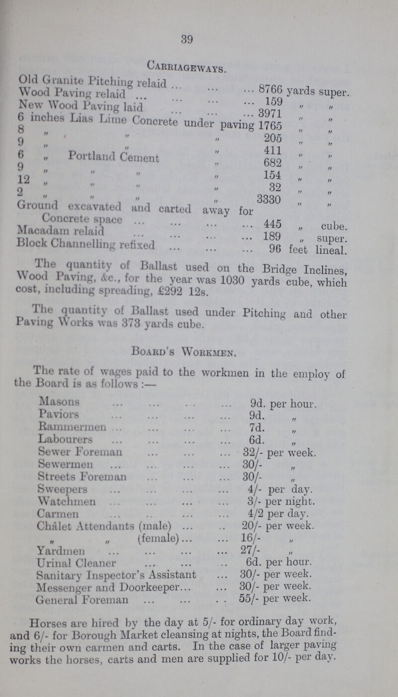 39 Carriageways. Old Granite Pitching relaid . 8766 yards super Wood Paving relaid 159 New Wood Paving laid 3971 6 inches Lias Lime Concrete under paving 1765 8 205 „ „ 411 6 „ Portland Cement 682 12 154 2 „ „ 32 „ 3330 Ground excavated and carted away for Concrete space 445 cube Macadam relaid 189 „ super Block Channelling refixed 96 feet lineal The quantity of Ballast used on the Bridge Inclines, Wood Paving, &c., for the year was 1030 yards cube, which cost, including spreading, £292 12s. The quantity of Ballast used under Pitching and other Paving Works was 373 yards cube. Board's Workmen. The rate of wages paid to the workmen in the employ of the Board is as follows :— Masons 9d. per hour. Paviors 9d. „ Hammermen 7d. „ Labourers 6d. „ Sewer Foreman 32/-per week. Sewermen 30/- „ Streets Foreman 30/- „ Sweepers 4/- per day. Watchmen 3/- per night. Carmen 4/2 per day. Chalet Attendants (male) 20/- per week. „ „ (female) 16/- „ Yardmen 27/- „ Urinal Cleaner 6d. per hour. Sanitary Inspector's Assistant 30/- per week. Messenger and Doorkeeper 30/- per week. General Foreman 55/- per week. Horses are hired by the day at 5/- for ordinary day work, and 6/- for Borough Market cleansing at nights, the Board find ing their own carmen and carts. In the case of larger paving works the horses, carts and men are supplied for 10/- per day.