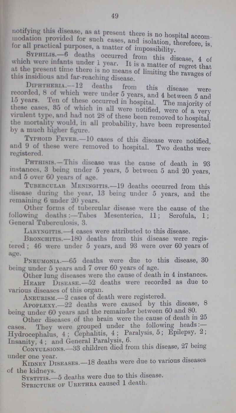 49 notifying this disease, as at present there is no hospital accom modation provided for such cases, and isolation, therefore, is, for all practical purposes, a matter of impossibility. Syphilis.—6 deaths occurred from this disease, 4 of which were infants under 1 year. It is a matter of regret that at the present time there is no means of limiting the ravages of this insidious and far-reaching disease. Diphtheria.- 12 deaths from this disease were recorded. 8 of which were under 5 years, and 4 between 5 and 15 rears.Ten of these occurred in hospital. The majority of these cases, 85 of which in all were notified, were of a very virulent type, and had not 28 of these been removed to hospital, the moitalit) would, in all probability, have been represented by a much higher figure. Typhoid Fever.-10 cases of this disease were notified, and 9 of these were removed to hospital. Two deaths were registered. Phthisis.—This disease was the cause of death in 93 instances, 3 being under 5 years, 5 between 5 and 20 years, and 5 over 60 years of age. Tuhercular Meningitis.—19 deaths occurred from this disease during the year, 13 being under 5 years, and the remaining 6 under 20 years. Other forms of tubercular disease were the cause of the following deaths:—Tabes Mesenterica, 11; Scrofula, 1; General Tuberculosis, 3. Lauyxgitis.—4 cases were attributed to this disease. Bronchitis.—180 deaths from this disease were regis tered; 46 were under 5 years, and 93 were over 60 years of age. Pneumonia.—65 deaths were due to this disease, 30 being under 5 years and 7 over 60 years of age. Other lung diseases were the cause of death in 4 instances. Heart Disease.—52 deaths were recorded as due to various diseases of this organ. Aneurism.—2 cases of death were registered. Apoplexy. 22 deaths were caused by this disease, 8 being under 60 years and the remainder between 60 and 80. Other diseases of the brain were the cause of death in 25 cases. They were grouped under the following heads:— Hydrocephalus, 4; Cephalitis, 4; Paralysis, 5; Epilepsy, 2; Insanity, 4; and General Paralysis, 6. Convulsions.—33 children died from this disease, 27 being Kindey Diseases-18 deaths were due to various diseases of the kidneys. Systitis.—5 deaths were due to this disease. Stricture of Urethra caused 1 death.