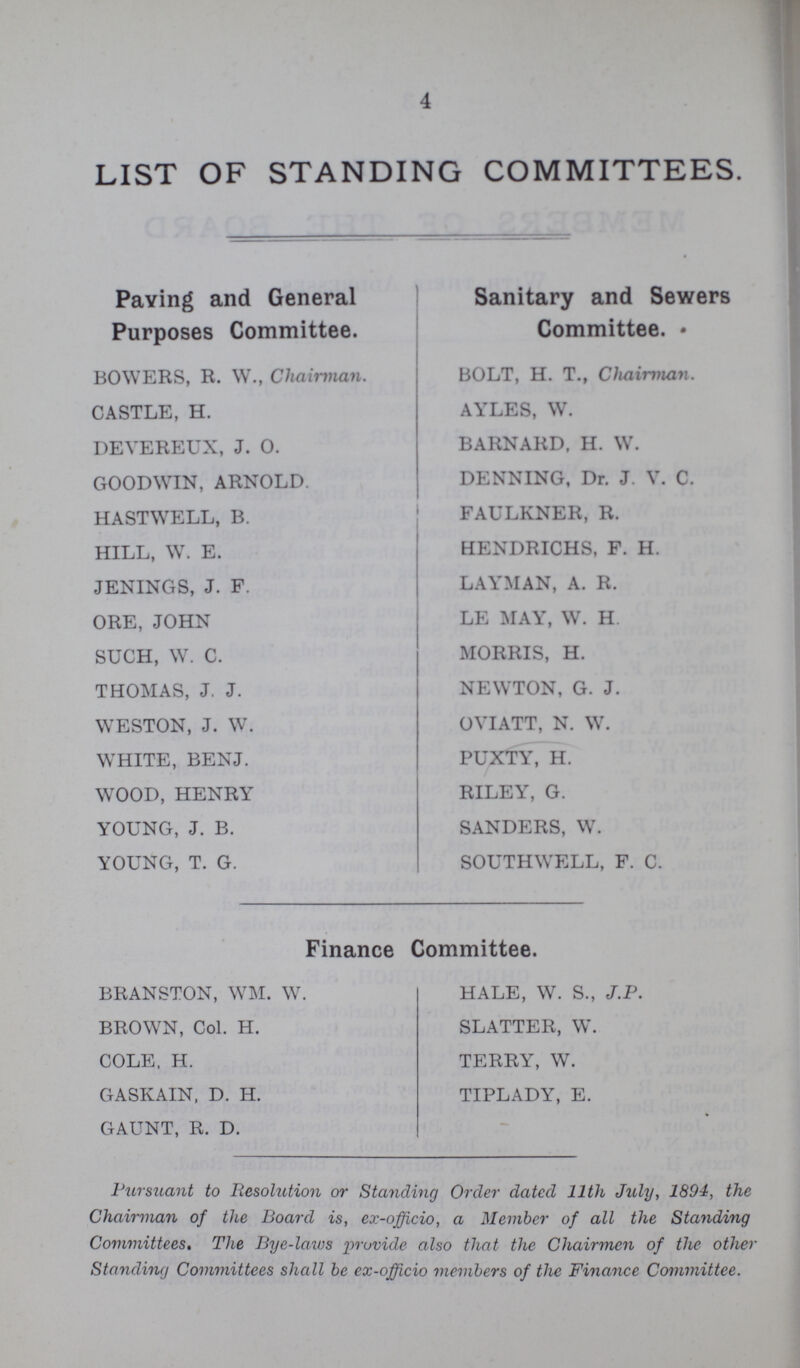 4 LIST OF STANDING COMMITTEES. Paving and General Purposes Committee. BOWERS, R. W., Chairman. CASTLE, H. DEVEREUX, J. O. GOODWIN, ARNOLD. HASTWELL, B. HILL, W. E. JENINGS, J. F. ORE, JOHN SUCH, W. C. THOMAS, J. J. WESTON, J. W. WHITE, BENJ. WOOD, HENRY YOUNG, J. B. YOUNG, T. G. Sanitary and Sewers Committee. BOLT, H. T., Chairman. AYLES, W. BARNARD, H. W. DENNING, Dr. J. V. C. FAULKNER, R. HENDRICHS, F. H. LAYMAN, A. R. LE MAY, W. H. MORRIS, H. NEWTON, G. J. OVIATT, N. W. PUXTY, H. RILEY, G. SANDERS, W. SOUTHWELL, F. C. Finance Committee. BRANSTON, WM. W. BROWN, Col. H. COLE, H. GASKAIN, D. H. GAUNT, R. D. HALE, W. S., J.P. SLATTER, W. TERRY, W. TIPLADY, E. Pursuant to Resolution or Standing Order dated 11th July, 1894, the Chairman of the Board is, ex-officio, a Member of all the Standing Committees. The Bye-laws provide also that the Chairmen of the other Standing Committees shall be ex-officio members of the Finance Committee.