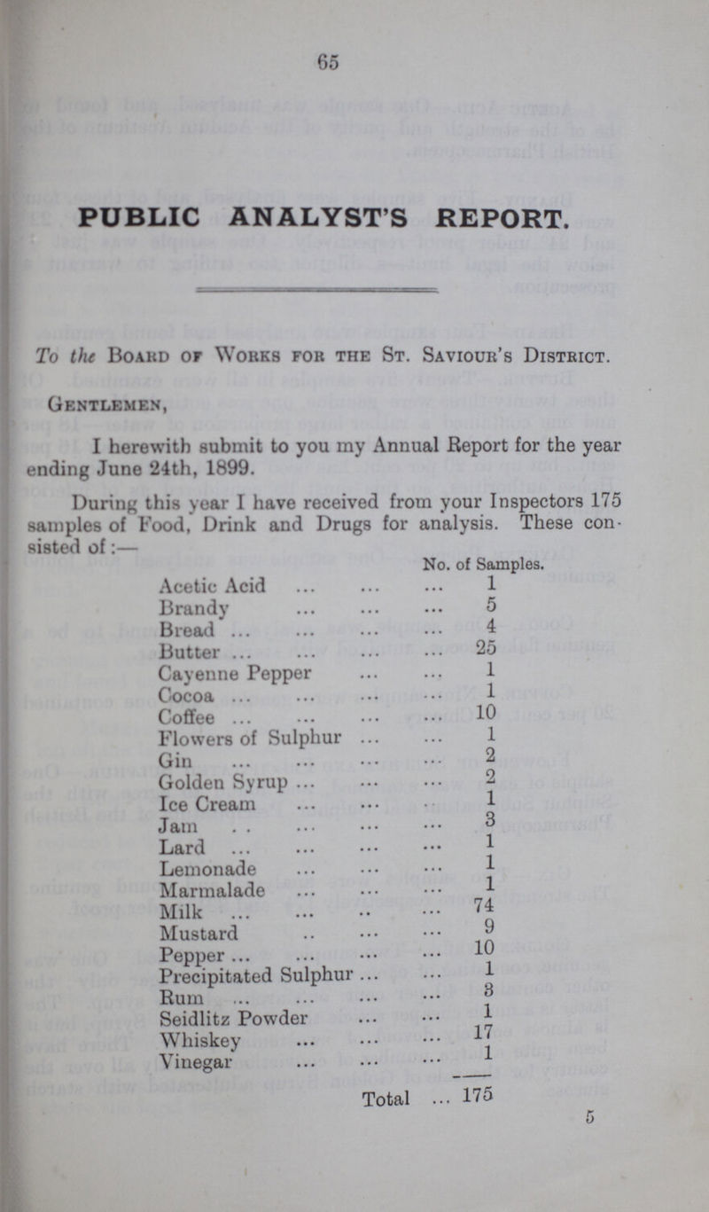 PUBLIC ANALYSTS REPORT. To the Board or Works for the St. Saviour's District. Gentlemen, I herewith submit to you my Annual Report for the year ending June 24th, 1899. During this year I have received from your Inspectors 175 samples of Food, Drink and Drugs for analysis. These con sisted of:— No. of Samples. Acetic Acid 1 Brandy 5 Bread 4 Butter 25 Cayenne Pepper 1 Cocoa 1 Coffee 10 Flowers of Sulphur 1 Gin 2 Golden Syrup 2 Ice Cream 1 Jam 3 Lard 1 Lemonade 1 Marmalade 1 Milk 74 Mustard 9 Pepper 10 Precipitated Sulphur 1 Rum 3 Seidlitz Powder 4 Whiskey 17 Vinegar Total 175 5