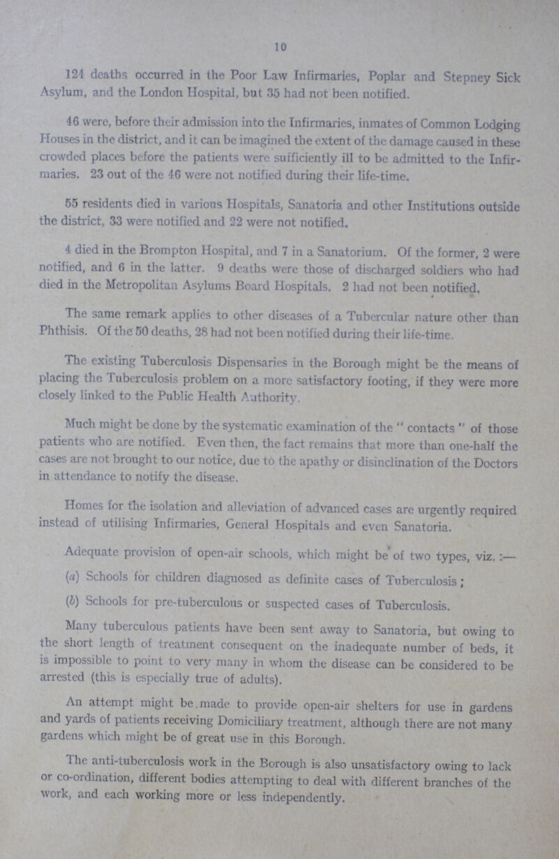 10 124 deaths occurred in the Poor Law Infirmaries, Poplar and Stepney Sick Asylum, and the London Hospital, but 35 had not been notified 46 were, before their admission into the Infirmaries, inmates of Common Lodging Houses in the district, and it can be imagined the extent of the damage caused in these crowded places before the patients were sufficiently ill to be admitted to the Infir maries 23 out of the 46 were not notified during their life-time 55 residents died in various Hospitals, Sanatoria and other Institutions outside the district, 33 were notified and 22 were not notified 4 died in the Brompton Hospital, and 7 in a Sanatorium Of the former, 2 were notified, and 6 in the latter 9 deaths were those of discharged soldiers who had died in the Metropolitan Asylums Board Hospitals 2 had not been notified » The same remark applies to other diseases of a Tubercular nature other than Phthisis Of the 50 deaths, 28 had not been notified during their life-time The existing Tuberculosis Dispensaries in the Borough might be the means of placing the Tuberculosis problem on a more satisfactory footing, if they were more closely linked to the Public Health Authority Much might be done by the systematic examination of the  contacts  of those patients who are notified Even then, the fact remains that more than one-half the cases are not brought to our notice, due to the apathy or disinclination of the Doctors in attendance to notify the disease Homes for the isolation and alleviation of advanced cases are urgently required instead of utilising Infirmaries, General Hospitals and even Sanatoria Adequate provision of open-air schools, which might be of two types, viz :— (a) Schools for children diagnosed as definite cases of Tuberculosis; (b) Schools for pre-tuberculous or suspected cases of Tuberculosis Many tuberculous patients have been sent away to Sanatoria, but owing to the short length of treatment consequent on the inadequate number of beds, it is impossible to point to very many in whom the disease can be considered to be arrested (this is especially true of adults) An attempt might be, made to provide open-air shelters for use in gardens and yards of patients receiving Domiciliary treatment, although there are not many gardens which might be of great use in this Borough The anti-tuberculosis work in the Borough is also unsatisfactory owing to lack or co-ordination, different bodies attempting to deal with different branches of the work, and each working more or less independently