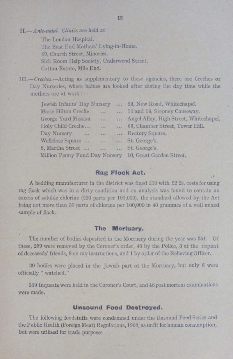 15 II— Antc-natal Clinics are held at The London Hospital The East End Mothers' Lying-in-Home 49, Church Street, Minories Sick Room Help Society, Underwood Street Cotton Estate, Mile End III—Creches—Acting as supplementary to these agencies, there are Creches or Day Nurseries, where babies are looked after during the day time while the mothers are at work:— Jewish Infants' Day Nursery 23, New Road, VVhitechapel Marie Hilton Creche 14 and 16, Stepney Causeway George Yard Mission Angel Alley, High Street, Whitechapel Holy Child Creche 66, Chamber Street, Tower Hill Day Nursery Rectory Square Wellclose Square St George's 8, Martha Street St George's Million Penny Fund Day Nursery 10, Great Garden Street Rag Flock Act A bedding manufacturer in the district was fined £10 with £2 2s costs for using rag flock which was in a dirty condition and on analysis was found to contain an excess of soluble chlorine (220 parts per 100,000), the standard allowed by the Act being not more than 30 parts of chlorine per 100,000 in 40 grammes of a well mixed sample of flock. The Mortuary. The number of bodies deposited in the Mortuary during the year was 351 Of these, 299 were removed by the Coroner's order, 40 by the Police, 3 at the request of deceaseds' friends, 8 on my instructions, and 1 by order of the Relieving Officer 30 bodies were placed in the Jewish part of the Mortuary, but only 8 were officially  watched 339 Inquests were held in the Coroner's Court, and 48 post mortem examinations were made. Unsound Food Destroyed The following foodstuffs were condemned under the Unsound Food Series and the Public Health (Foreign Meat) Regulations, 1908, as unfit for human consumption, but were utilised for trade purposes