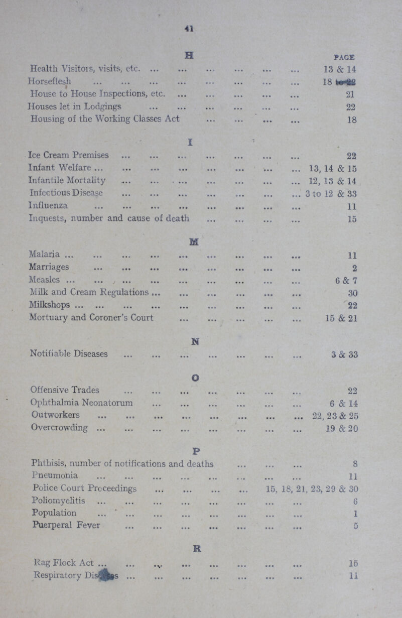 41 H PAGE Health Visitors, visits, etc 13 & 14 Horseflesh House to House Inspections, etc. 21 Houses let in Lodgings 22 Housing of the Working Classes Act 18 Ice Cream Premises 22 Infant Welfare 13, 14 & 15 Infantile Mortality 12, 13 & 14 Infectious Disease 3 to 12 & 33 Influenza 11 Inquests, number and cause of death 15 Malaria 11 Marriages 2 Measles 6 & 7 Milk and Cream Regulations 30 Milkshops 22 Mortuary and Coroner's Court 15 & 2 Notifiable Diseases 3 3c 33 Offensive Trades 22 Ophthalmia Neonatorum 6 & 14 Outworkers 22, 23 & 25 Overcrowding 19 & 20 P Phthisis, number of notifications and deaths 8 Pneumonia 11 Police Court Proceedings 15, 18, 21, 23, 29 & 30 Poliomyelitis 6 P opulation Puerperal Fever 5 Rag block Act .11155Respiratory Diseases 11 «