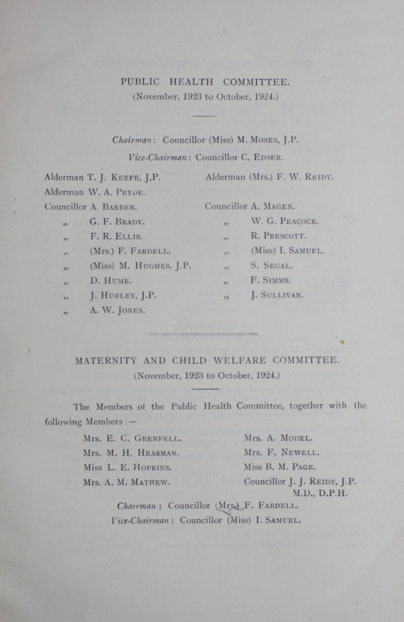 PUBLIC HEALTH COMMITTEE. (November, 1923 to October, 1924.) Chairman: Councillor (Miss) M. Moses, J.P. Vice-Chairman: Councillor C. Edser. Alderman T. J. Keefe, J,P. Alderman (Mrs.) F. W. Reidy. Alderman W. A. PryiJE. Councillor A. Barber. Councillor A. Magen. „ G. F. Brady. „ W. G. Peacock. „ F. R. Ellis. „ R. Prescott. „ (Mrs.) F. Fardell. „ (Miss) I. Samufl. „ (Miss) M. Hughes, J.P. „ S. Segal. „ I). Hume. „ F. Simms. „ J. Hurley, J.P. „ J. Sullivan. „ A. W. Jones. MATERNITY AND CHILD WELFARE COMMITTEE. (November, 1923 to October, 1924.) The Members of the Public Health Committee, together with the following Members: — Mrs. E. C. Grenfell. Mrs. A. Model. Mrs. M. H. Heasman. Mrs. F. Newell. Miss L. E. Hopkins. Miss B. M. Page. Mrs. A. M. Mathew. Councillor J. J. Reidy, J.P. M.D., D.P.H. Chairman: Councillor (Mrs)F.Fardell. Vice-Chairman : Councillor (Miss) I.Samuel.