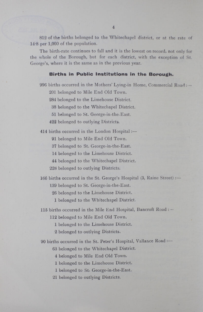 4 812 of the births belonged to the Whitechapel district, or at the rate of 14.8 per 1,000 of the population. The birth-rate continues to fall and it is the lowest on record, not only for the whole of the Borough, but for each district, with the exception of St. George's, where it is the same as in the previous year. Births in Public Institutions in the Borough. 996 births occurred in the Mothers' Lying-in Home, Commercial Road : — 201 belonged to Mile End Old Town. 284 belonged to the Limehouse District. 38 belonged to the Whitechapel District. 51 belonged to St. George-in-the-East. 422 belonged to outlying Districts. 414 births occurred in the London Hospital:— 91 belonged to Mile End Old Town. 37 belonged to St. George-in-the-East. 14 belonged to the Limehouse District. 44 belonged to the Whitechapel District. 228 belonged to outlying Districts. 1(36 births occurred in the St. George's Hospital (3, Raine Street) :— 139 belonged to St. George-in-the-East. 26 belonged to the Limehouse District. 1 belonged to the Whitechapel District. 115 births occurred in the Mile End Hospital, Bancroft Road : — 112 belonged to Mile End Old Town, 1 belonged to the Limehouse District. 2 belonged to outlying Districts. 90 births occurred in the St. Peter's Hospital, Vallance Road :— 63 belonged to the Whitechapel District. 4 belonged to Mile End Old Town. 1 belonged to the Limehouse District. 1 belonged to St- George-in-the-East. 21 belonged to outlying Districts.