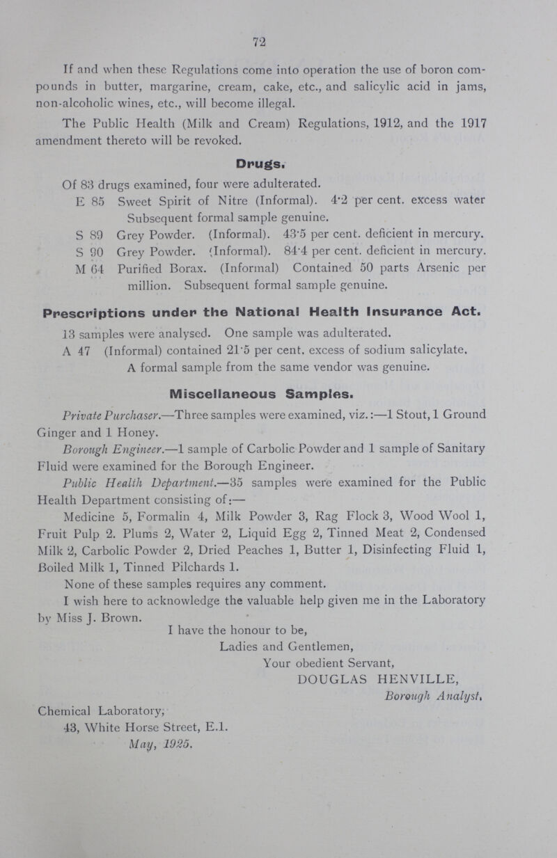 72 If and when these Regulations come into operation the use of boron com pounds in butter, margarine, cream, cake, etc, and salicylic acid in jams, non-alcoholic wines, etc, will become illegal The Public Health (Milk and Cream) Regulations, 1912, and the 1917 amendment thereto will be revoked Drugs Of 83 drugs examined, four were adulterated E 85 Sweet Spirit of Nitre (Informal) 42 per cent, excess water Subsequent formal sample genuine S 89 Grey Powder (Informal) 435 per cent, deficient in mercury S 90 Grey Powder (Informal) 844 per cent, deficient in mercury M 64 Purified Borax (Informal) Contained 50 parts Arsenic per million Subsequent formal sample genuine Prescriptions under the National Health Insurance Act 13 samples were analysed One sample was adulterated A 47 (Informal) contained 215 per cent, excess of sodium salicylate A formal sample from the same vendor was genuine Miscellaneous Samples Private Purchaser—Three samples were examined, viz:—1 Stout, 1 Ground Ginger and 1 Honey Borough Engineer—1 sample of Carbolic Powder and 1 sample of Sanitary Fluid were examined for the Borough Engineer Public Health Department—35 samples were examined for the Public Health Department consisting of:— Medicine 5, Formalin 4, Milk Powder 3, Rag Flock 3, Wood Wool 1, Fruit Pulp 2 Plums 2, Water 2, Liquid Egg 2, Tinned Meat 2, Condensed Milk 2, Carbolic Powder 2, Dried Peaches 1, Butter 1, Disinfecting Fluid 1, Boiled Milk 1, Tinned Pilchards 1 None of these samples requires any comment I wish here to acknowledge the valuable help given me in the Laboratory by Miss J Brown I have the honour to be, Ladies and Gentlemen, Your obedient Servant, DOUGLAS HENVILLE, Borough Analyst, Chemical Laboratory, 43, White Horse Street, El May, 1925