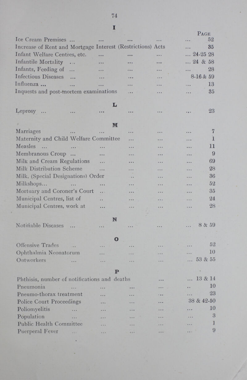 74 I Page Ice Cream Premises 52 Increase of Rent and Mortgage Interest (Restrictions) Acts 35 Infant Welfare Centres, etc 24-25 28 Infantile Mortality 24 & 58 Infants, Feeding of 28 Infectious Diseases 8-16&59 Influenza 13 Inquests and post-mortem examinations 35 L Leprosy 23 M Marriages 7 Maternitv and Child Welfare Committee 1 Measles 11 Membranous Croup 9 Milk and Cream Regulations 69 Milk Distribution Scheme 28 Milk, (Special Designations) Order 36 Milkshops 52 Mortuary and Coroner's Court 35 Municipal Centres, list of 24 Municipal Centres, work at 28 N Notifiable Diseases 8 & 59 O Offensive Trades 52 Ophthalmia Neonatorum 10 Outworkers 53 & 55 P Phthisis, number of notifications and deaths 13 & 14 Pneumonia 10 Pneumo- thorax treatment 23 Police Court Proceedings 38 & 42-50 Poliomyelitis 10 Population 3 Public Health Committee 3 Puerperal Fever 9