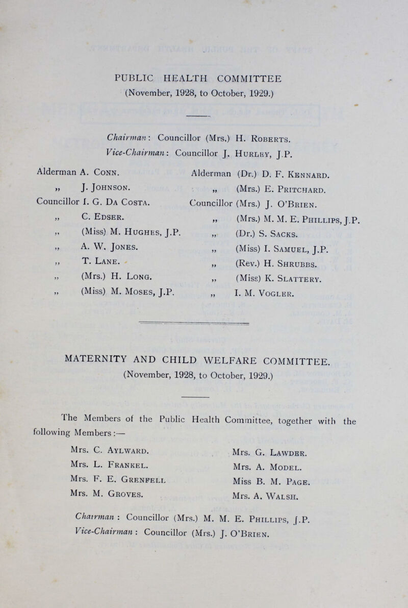 PUBLIC HEALTH COMMITTEE (November, 1928, to October, 1929.) Chairman: Councillor (Mrs.) H. Roberts. Vice-Chairman: Councillor J, Hurley, J.P. Alderman A. Conn. „ J. Johnson. Councillor I. G. Da Costa. „ C. Edser. „ (Miss) M. Hughes, J.P. ,, A. W, Jones. ,, T. Lane. „ (Mrs.) H. Long. „ (Miss) M. Moses, J.P. Alderman (Dr.) D. F. Kennard. „ (Mrs.) E. Pritchard. Councillor (Mrs.) J. O'Brien. „ (Mrs.) M. M. E. Phillips, J.P. „ (Dr.) S. Sacks. „ (Miss) I. Samuel, J.P. ,, (Rev.) H. Shrubbs. ,, (Miss) K. Slattery. I. M. Vogler. MATERNITY AND CHILD WELFARE COMMITTEE. (November, 1928, to October, 1929.) The Members of the Public Health Committee, together with the following Members :— Mrs. C. Aylward. Mrs. G. Lawder. Mrs. L. Frankel. Mrs. A. Model. Mrs. F. E. Grenfell Miss B. M. Page. Mrs. M. Groves. Mrs. A. Walsh. Chairman : Councillor (Mrs.) M. M. E. Phillips, f.P. Vice-Chairman : Councillor (Mrs.) J. O'Brien.