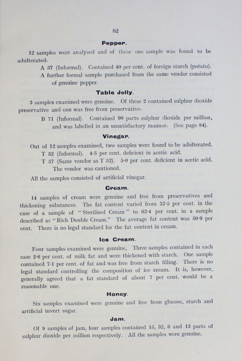 82 Pepper. 12 samples were analysed and of these one sample was found to be adulterated. A 57 (Informal). Contained 40 per cent. of foreign starch (potato). A further formal sample purchased from the same vendor consisted of genuine pepper. Table Jelly. 3 samples examined were genuine. Of these 2 contained sulphur dioxide preservative and one was free from preservative. B 71 (Informal). Contained 90 parts sulphur dioxide per million, and was labelled in an unsatisfactory manner. (See page 84). Vinegar. Out of 12 samples examined, two samples were found to be adulterated. T 52 (Informal). 4.5 per cent. deficient in acetic acid. T 57 (Same vendor as T 52). 5.0 per cent. deficient in acetic acid. The vendor was cautioned. All the samples consisted of artificial vinegar. Cream. 14 samples of cream were genuine and free from preservatives and thickening substances. The fat content varied from 32.5 per cent. in the case of a sample of Sterilised Cream to 62.4 per cent. in a sample described as Rich Double Cream. The average fat content was 50.9 per cent. There is no legal standard for the fat content in cream. Ice Cream. Four samples examined were genuine, Three samples contained in each case 2.6 per cent. of milk fat and were thickened with starch. One sample contained 7.1 per cent. of fat and was free from starch filling. There is no legal standard controlling the composition of ice cream. It is, however, generally agreed that a fat standard of about 7 per cent. would be a reasonable one. Honey. Six samples examined were genuine and free from glucose, starch and artificial invert sugar. Jam. Of 9 samples of jam, four samples contained 15, 32, 6 and 13 parts of sulphur dioxide per million respectively. All the samples were genuine.