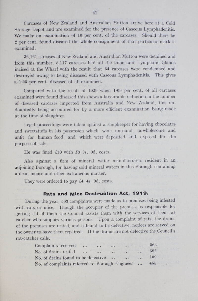41 Carcases of New Zealand and Australian Mutton arrive here at a Cold Storage Depot and are examined for the presence of Caseous Lymphadenitis. We make an examination of 10 per cent. of the carcases. Should there be 2 per cent. found diseased the whole consignment of that particular mark is examined. 36,161 carcases of New Zealand and Australian Mutton were detained and from this number, 5,117 carcases had all the important Lymphatic Glands incised at the Wharf with the result that 64 carcases were condemned and destroyed owing to being diseased with Caseous Lymphadenitis. This gives a 1.25 per cent. diseased of all examined. Compared with the result of 1929 when 1.69 per cent. of all carcases examined were found diseased this shows a favourable reduction in the number of diseased carcases imported from Australia and New Zealand, this un doubtedly being accounted for by a more efficient examination being made at the time of slaughter. Legal proceedings were taken against a shopkeeper for having chocolates and sweetstuffs in his possession which were unsound, unwholesome and unfit for human food, and which were deposited and exposed for the purpose of sale. He was fined £10 with £3 3s. Od. costs. Also against a firm of mineral water manufacturers resident in an adjoining Borough, for having sold mineral waters in this Borough containing a dead mouse and other extraneous matter. They were ordered to pay £4 4s. Od. costs. Rats and Mice Destruction Act, 1919. During the year, 563 complaints were made as to premises being infested with rats or mice. Though the occupier of the premises is responsible for getting rid of them the Council assists them with the services of their rat catcher who supplies various poisons. Upon a complaint of rats, the drains of the premises are tested, and if found to be defective, notices are served on the owner to have them repaired. If the drains are not defective the Council's rat-catcher calls. Complaints received 563 No. of drains tested 582 No. of drains found to be defective 109 No. of complaints referred to Borough Engineer 465