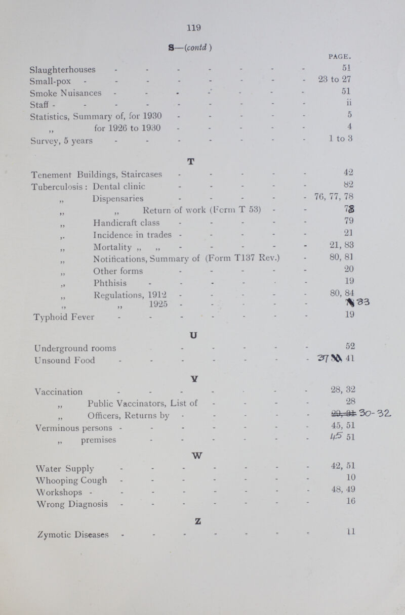 119 S—(contd ) PAGE. Slaughterhouses 51 Small-pox 23 to 27 Smoke Nuisances 51 Staff ii Statistics, Summary of, for 1930 5 for 1926 to 1930 4 Survey, 5 years 1 to 3 T Tenement Buildings, Staircases 42 Tuberculosis: Dental clinic 82 „ Dispensaries 76, 77, 78 ,, ,, Return of work (Form T 53) 78 ,, Handicraft class 79 „ Incidence in trades 21 ,, Mortality ,, „ 21, 83 „ Notifications, Summary of (Form T137 Rev.) 80, 81 „ Other forms 20 „ Phthisis 19 ,, Regulations, 1912 80, 84 „ „ 1925 83 Typhoid Fever 19 U Underground rooms 52 Unsound Food 37 41 Y Vaccination 28, 32 „ Public Vaccinators, List of 28 „ Officers, Returns by 30, 32 Verminous persons 45, 51 „ premises 45, 51 W Water Supply 42, 51 Whooping Cough 10 Workshops 48, 49 Wrong Diagnosis 16 Z Zymotic Diseases 11