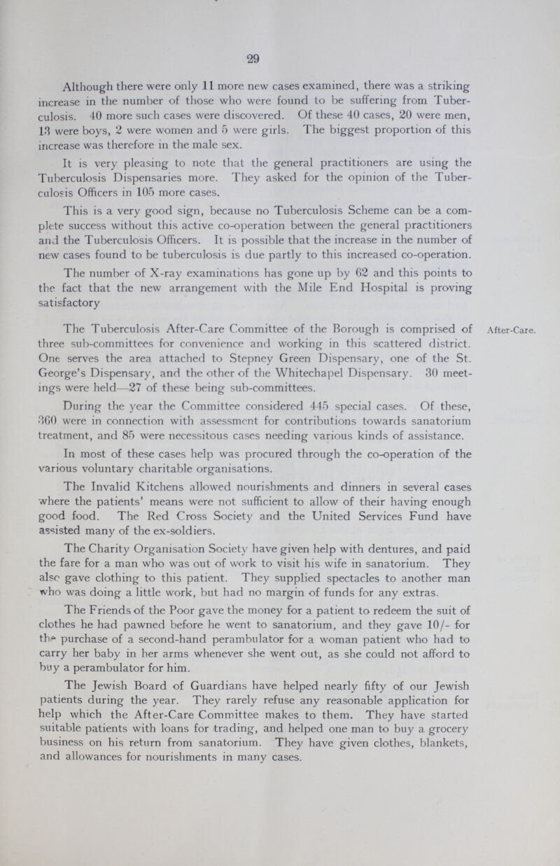 29 Although there were only 11 more new cases examined, there was a striking increase in the number of those who were found to be suffering from Tuber culosis. 40 more such cases were discovered. Of these 40 cases, 20 were men, 13 were boys, 2 were women and 5 were girls. The biggest proportion of this increase was therefore in the male sex. It is very pleasing to note that the general practitioners are using the Tuberculosis Dispensaries more. They asked for the opinion of the Tuber culosis Officers in 105 more cases. This is a very good sign, because no Tuberculosis Scheme can be a com plete success without this active co-operation between the general practitioners and the Tuberculosis Officers. It is possible that the increase in the number of new cases found to be tuberculosis is due partly to this increased co-operation. The number of X-ray examinations has gone up by 62 and this points to the fact that the new arrangement with the Mile End Hospital is proving satisfactory The Tuberculosis After-Care Committee of the Borough is comprised of After-Care. three sub-committees for convenience and working in this scattered district. One serves the area attached to Stepney Green Dispensary, one of the St. George's Dispensary, and the other of the Whitechapel Dispensary. 30 meet ings were held—27 of these being sub-committees. During the year the Committee considered 445 special cases. Of these, 360 were in connection with assessment for contributions towards sanatorium treatment, and 85 were necessitous cases needing various kinds of assistance. In most of these cases help was procured through the co-operation of the various voluntary charitable organisations. The Invalid Kitchens allowed nourishments and dinners in several cases where the patients' means were not sufficient to allow of their having enough good food. The Red Cross Society and the United Services Fund have assisted many of the ex-soldiers. The Charity Organisation Society have given help with dentures, and paid the fare for a man who was out of work to visit his wife in sanatorium. They also gave clothing to this patient. They supplied spectacles to another man who was doing a little work, but had no margin of funds for any extras. The Friends of the Poor gave the money for a patient to redeem the suit of clothes he had pawned before he went to sanatorium, and they gave 10/- for the purchase of a second-hand perambulator for a woman patient who had to carry her baby in her arms whenever she went out, as she could not afford to buy a perambulator for him. The Jewish Board of Guardians have helped nearly fifty of our Jewish patients during the year. They rarely refuse any reasonable application for help which the After-Care Committee makes to them. They have started suitable patients with loans for trading, and helped one man to buy a grocery business on his return from sanatorium. They have given clothes, blankets, and allowances for nourishments in many cases.