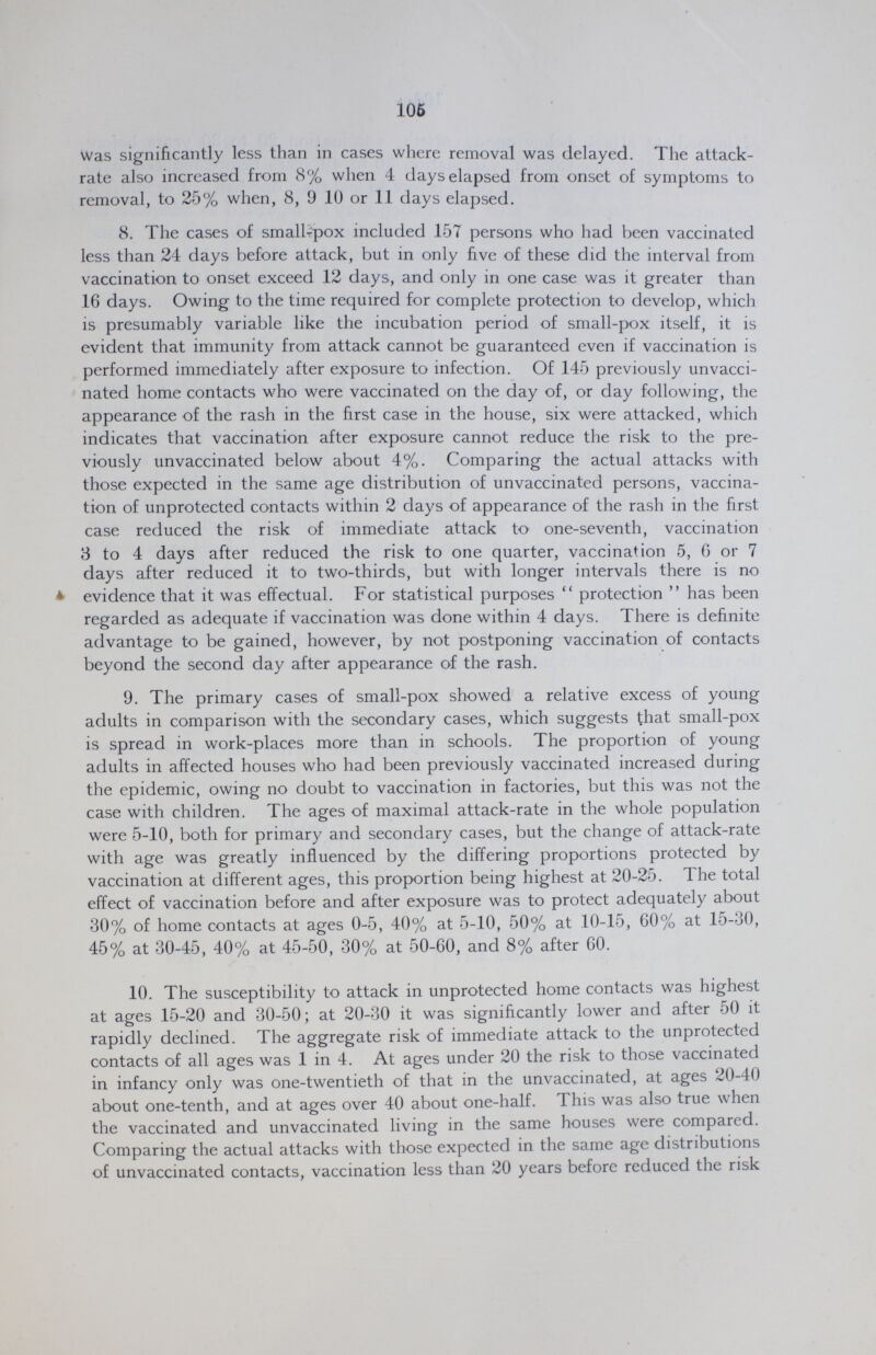 106 was significantly less than in cases where removal was delayed. The attack rate also increased from 8% when 4 days elapsed from onset of symptoms to removal, to 25% when, 8, 9 10 or 11 days elapsed. 8. The cases of smallpox included 157 persons who had been vaccinated less than 24 days before attack, but in only five of these did the interval from vaccination to onset exceed 12 days, and only in one case was it greater than 16 days. Owing to the time required for complete protection to develop, which is presumably variable like the incubation period of small-pox itself, it is evident that immunity from attack cannot be guaranteed even if vaccination is performed immediately after exposure to infection. Of 145 previously unvacci nated home contacts who were vaccinated on the day of, or day following, the appearance of the rash in the first case in the house, six were attacked, which indicates that vaccination after exposure cannot reduce the risk to the pre viously unvaccinated below about 4%. Comparing the actual attacks with those expected in the same age distribution of unvaccinated persons, vaccina tion of unprotected contacts within 2 days of appearance of the rash in the first case reduced the risk of immediate attack to one-seventh, vaccination 3 to 4 days after reduced the risk to one quarter, vaccination 5, G or 7 days after reduced it to two-thirds, but with longer intervals here is no evidence that it was effectual. For statistical purposes protection  has been regarded as adequate if vaccination was done within 4 days. There is definite advantage to be gained, however, by not postponing vaccination of contacts beyond the second day after appearance of the rash. 9. The primary cases of small-pox showed a relative excess of young adults in comparison with the secondary cases, which suggests that small-pox is spread in work-places more than in schools. The proportion of young adults in affected houses who had been previously vaccinated increased during the epidemic, owing no doubt to vaccination in factories, but this was not the case with children. The ages of maximal attack-rate in the whole population were 5-10, both for primary and secondary cases, but the change of attack-rate with age was greatly influenced by the differing proportions protected by vaccination at different ages, this proportion being highest at 20-25. The total effect of vaccination before and after exposure was to protect adequately about 30% of home contacts at ages 0-5, 40% at 5-.10, 50% at 10-15, 60% at .15-30, 45% at 30-45, 40% at 45-50, 30% at 50-60, and 8% after 60. 10. The susceptibility to attack in unprotected home contacts was highest at ages 15-20 and 30-50; at 20-30 it was significantly lower and after 50 it rapidly declined. The aggregate risk of immediate attack to the unprotected contacts of all ages was 1 in 4. At ages under 20 the risk to those vaccinated in infancy only was one-twentieth of that in the unvaccinated, at ages 20-40 about one-tenth, and at ages over 40 about one-half. This was also true when the vaccinated and unvaccinated living in the same houses were compared. Comparing the actual attacks with those expected in the same age distributions of unvaccinated contacts, vaccination less than 20 years before reduced the risk