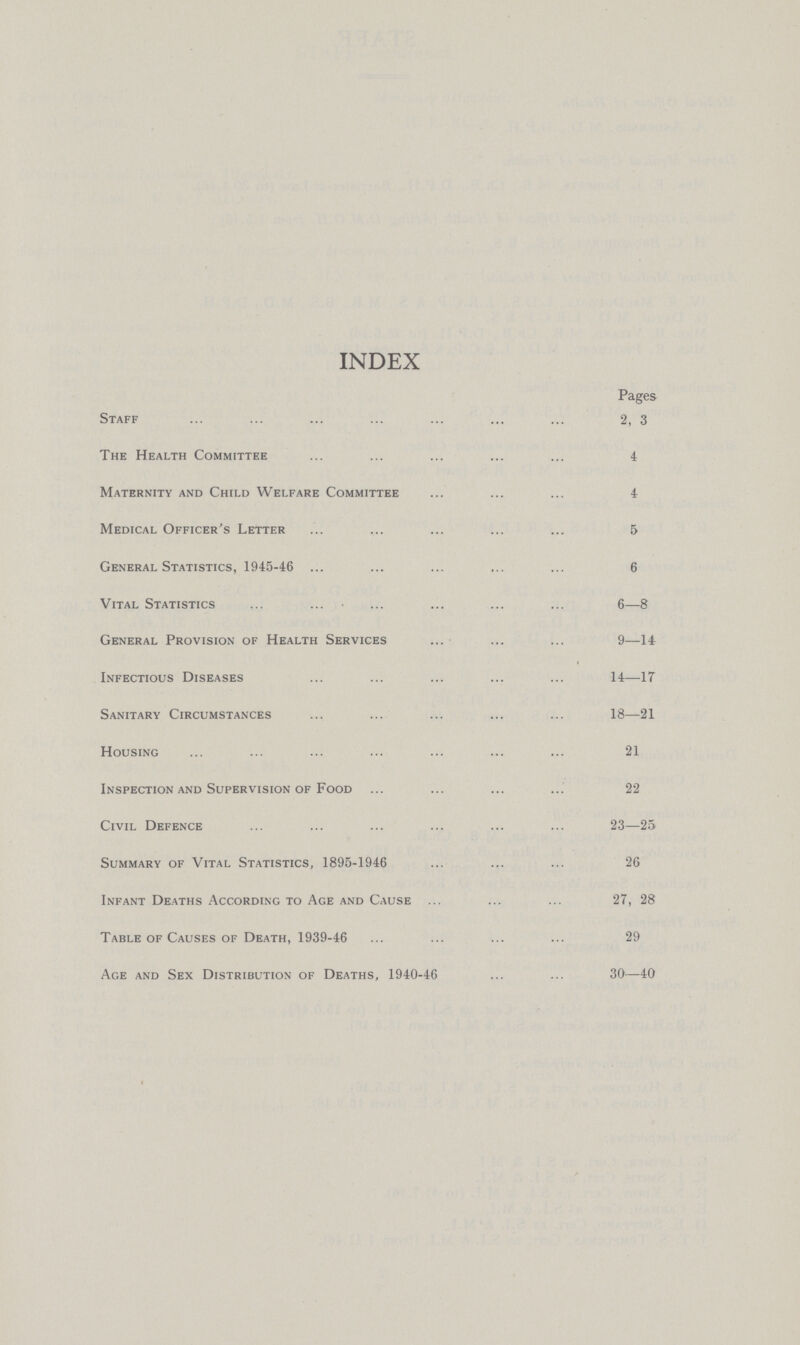 INDEX Pages Staff 2, 3 The Health Committee 4 Maternity and Child Welfare Committee 4 Medical Officer's Letter 5 General Statistics, 1945-46 6 Vital Statistics 6—8 General Provision of Health Services 9—14 Infectious Diseases 14—17 Sanitary Circumstances 18—21 Housing 21 Inspection and Supervision of Food 22 Civil Defence 23—25 Summary of Vital Statistics, 1895-1946 26 Infant Deaths According to Age and Cause 27, 28 Table of Causes of Death, 1939-46 29 Age and Sex Distribution of Deaths, 1940-46 30—40