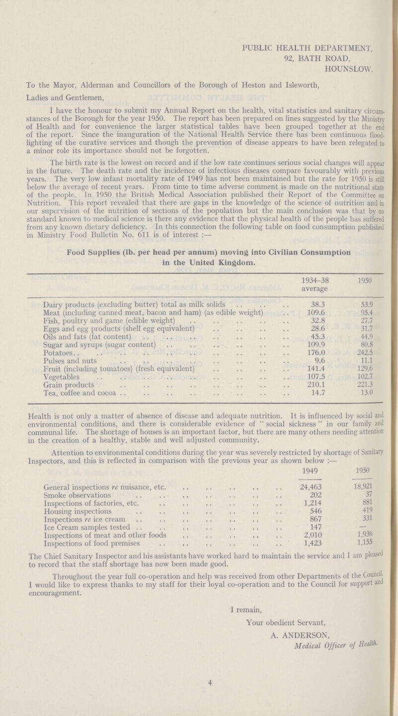 PUBLIC HEALTH DEPARTMENT, 92, BATH ROAD, HOUNSLOW. To the Mayor, Alderman and Councillors of the Borough of Heston and Isleworth, Ladies and Gentlemen, I have the honour to submit my Annual Report on the health, vital statistics and sanitary circum stances of the Borough for the year 1950. The report has been prepared on lines suggested by the Ministry of Health and for convenience the larger statistical tables have been grouped together at the end of the report. Since the inauguration of the National Health Service there has been continuous flood lighting of the curative services and though the prevention of disease appears to have been relegated to a minor role its importance should not be forgotten. The birth rate is the lowest on record and if the low rate continues serious social changes will appear in the future. The death rate and the incidence of infectious diseases compare favourably with previous years. The very low infant mortality rate of 1949 has not been maintained but the rate for 1950 is still below the average of recent years. From time to time adverse comment is made on the nutritional state of the people. In 1950 the British Medical Association published their Report of the Committee on Nutrition. This report revealed that there are gaps in the knowledge of the science of nutrition and in our supervision of the nutrition of sections of the population but the main conclusion was that by no standard known to medical science is there any evidence that the physical health of the people has suffered from any known dietary deficiency. In this connection the following table on food consumption published in Ministry Food Bulletin No. 611 is of interest :— Food Supplies (1b. per head per annum) moving into Civilian Consumption in the United Kingdom. 1934-38 average 1950 Dairy products (excluding butter) total as milk solids 38.3 53.9 Meat (including canned meat, bacon and ham) (as edible weight) 109.6 95.4 Fish, poultry and game (edible weight) 32.8 27.7 Eggs and egg products (shell egg equivalent) 28.6 31.7 Oils and fats (fat content) 45.3 44.9 Sugar and syrups (sugar content) 109.9 80.8 Potatoes 176.0 242.5 Pulses and nuts 9.6 11.1 Fruit (including tomatoes) (fresh equivalent) 141.4 129.6 Vegetables 107.5 102.7 Grain products 210.1 221.3 Tea, coffee and cocoa 14.7 13.0 Health is not only a matter of absence of disease and adequate nutrition. It is influenced by social and environmental conditions, and there is considerable evidence of social sickness in our family and communal life. The shortage of houses is an important factor, but there are many others needing attention in the creation of a healthy, stable and well adjusted community. Attention to environmental conditions during the year was severely restricted by shortage of Sanitary Inspectors, and this is reflected in comparison with the previous year as shown below:- 1949 1950 General inspections re nuisance, etc. 24,463 18,921 Smoke observations 202 37 Inspections of factories, etc. 1,214 881 Housing inspections 546 419 Inspections re ice cream 867 331 Ice Cream samples tested 147 — Inspections of meat and other foods 2,010 1,936 Inspections of food premises 1,423 1,155 The Chief Sanitary Inspector and his assistants have worked hard to maintain the service and I am pleased to record that the staff shortage has now been made good. Throughout the year full co-operation and help was received from other Departments of the Council. I would like to express thanks to my staff for their loyal co-operation and to the Council for support and encouragement. I remain, Your obedient Servant, A. ANDERSON, Medical Officer of Health. 4