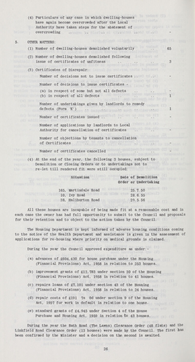 (4) Particulars of any case in which dwelling-houses have again become overcrowded after the Local Authority have taken steps for the abatement of overcrowding 5 OTHER MATTERS: (1) Number of dwelling-houses demolished voluntarily 65 (2) Number of dwelling-houses demolished following issue of certificates of unfitness 3 (3) Certificates of Disrepair: Number of decisions not to issue certificates Number of decisions to issue certificates - (a) in respect of some but not all defects (b) in respect of all defects 1 Number of undertakings given by landlords to remedy defects (Form TC') 1 Number of certificates issued Number of applications by landlords to Local Authority for cancellation of certificates Number of objections by tenants to cancellation of Certificates Number of certificates cancelled (4) At the end of the year, the following 3 houses, subject to Demolition or Closing Orders or to undertakings not to re-let till rendered fit were still occupied: Situation Date of Demolition Order or undertaking 165, Martindale Road 25.7,50 10, Ivy Road 28.6.55 38, Haliburton Road 29.5.56 All these houses are incapable of being made fit at a reasonable cost and in each case the owner has had full opportunity to submit to the Council and proposals for their retention and to object to the action taken by the Council The Housing Department is kept informed of adverse housing conditions coming to the notice of the Health Department and assistance is given in the assessment of applications for re-housing where priority on medical grounds is claimed. During the year the Council approved expenditure as under:- (a) advances of £604,430 for house purchase under the Housing (Financial Provisions) Act, 1958 in relation to 253 houses. (b) improvement grants of £12,783 under section 30 of the Housing (Financial Provisions) Act, 1958 in relation to 41 houses. (c) repairs loans of £7,101 under section 43 of the Housing (Financial Provisions) Act, 1958 in relation to 24 houses, (d) repair costs of £191 7s Od under section 9 of the Housing Act, 1957 for work in default in relation to one house. (e) standard grants of £4,945 under Section 4 of the House Purchase and Housing Act, 1959 in relation to 43 houses. During the year the Bath Road (The Lawns) Clearance Order (48 flats) and the Linkfield Road Clearance Order (13 houses) were made by the Council. The first has been confirmed by the Minister and a decision on the second is awaited. 26