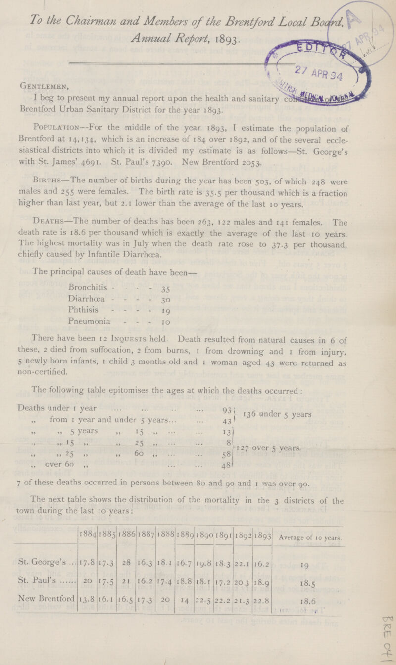 To the Chairman and Members of the Brentford Local Board, A nnual Report, 1893. Gentlemen, % I beg to present my annual report upon the health and sanitary condition of the Brentford Urban Sanitary District for the year 1893. Population—For the middle of the year 1893, I estimate the population of Brentford at 14,134, which is an increase of 184 over 1892, and of the several eccle siastical districts into which it is divided my estimate is as follows—St. George's with St. James' 4691. St. Paul's 7390. New Brentford 2053. Births—The number of births during the year has been 503, of which 248 were males and 255 were females. The birth rate is 35.5 per thousand which is a fraction higher than last year, but 2.1 lower than the average of the last 10 years. Deaths—The number of deaths has been 263, 122 males and 141 females. The death rate is 18.6 per thousand which is exactly the average of the last 10 years. The highest mortality was in July when the death rate rose to 37.3 per thousand, chiefly caused by Infantile Diarrhoea. The principal causes of death have been— Bronchitis 35 Diarrhoea 30 Phthisis 19 Pneumonia 10 There have been 12 Inquests held. Death resulted from natural causes in 6 of these, 2 died from suffocation, 2 from burns, 1 from drowning and 1 from injury. 5 newly born infants, 1 child 3 months old and 1 woman aged 43 were returned as non-certified. The following table epitomises the ages at which the deaths occurred : Deaths under 1 year 93 136 under 5 years ,, from 1 year and under 5 years... 43 ., 5 years „ 15 13 127 over 5 years. 15 ,, ,, 25,, 8 ,, ,, 25 ,, ,, 60 ,, 58 ,, over 60 ,, 48 7 of these deaths occurred in persons between 80 and 90 and 1 was over 90. The next table shows the distribution of the mortality in the 3 districts of the town during the last 10 years: 1884 1885 1886 1887 1888 1889 1890 1891 1892 1893 Average of 10 years. St. George's 17.8 17.3 28 16.3 18.1 16.7 19.8 18.3 22.1 16.2 59 St. Paul's 20 17.5 21 16.2 17.4 18.8 18.1 17.2 20. 3 18.9 18.5 New Brentford 13.8 16.1 16.5 17.3 20 14 22.5 22.2 21.3 22.8 18.6