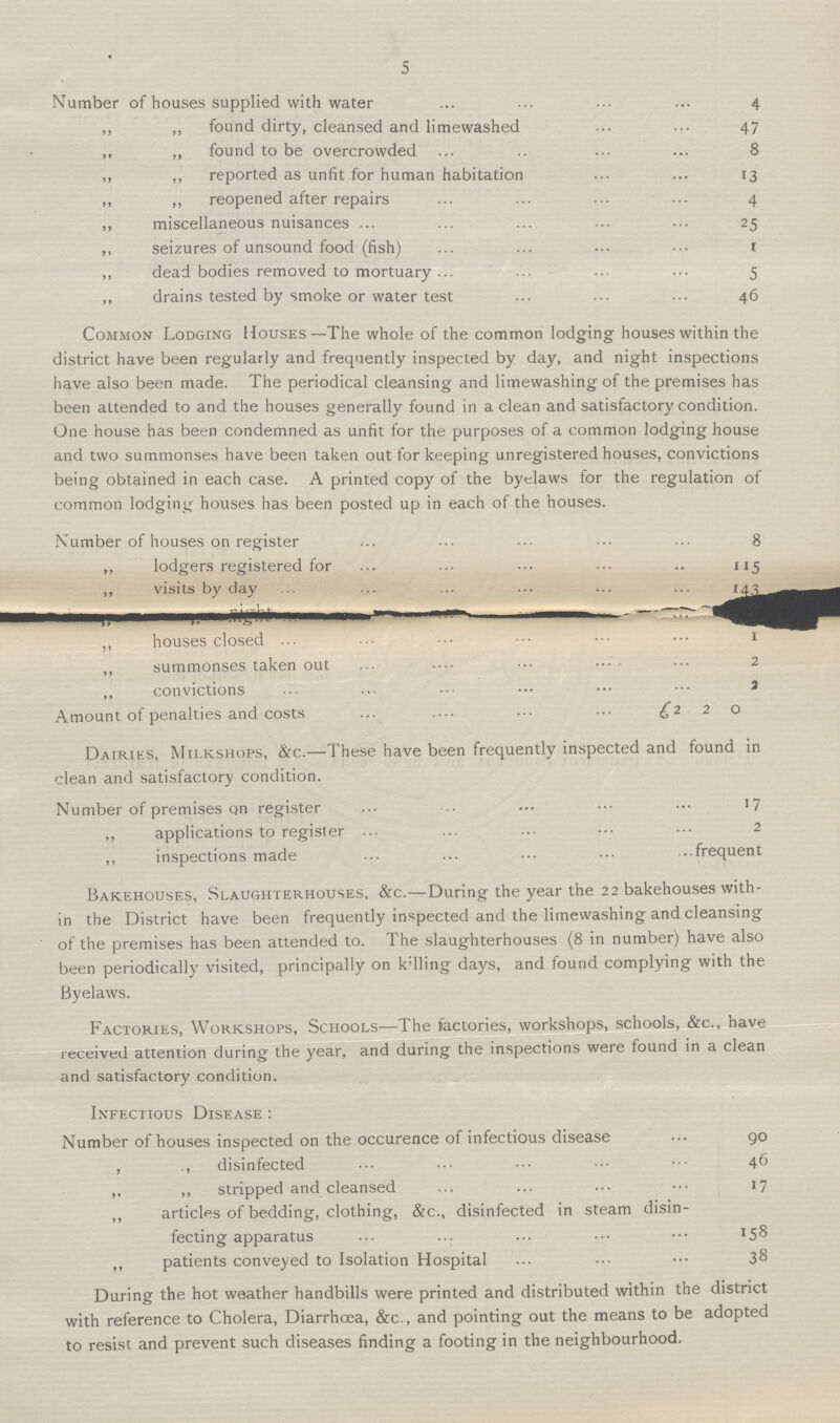 5 Number of houses supplied with water 4 „ „ found dirty, cleansed and limewashed 47 ,, ,, found to be overcrowded 8 „ „ reported as unfit for human habitation 13 „ „ reopened after repairs 4 „ miscellaneous nuisances 25 ,, seizures of unsound food (fish) 1 „ dead bodies removed to mortuary 5 „ drains tested by smoke or water test 46 Common Lodging Houses—The whole of the common lodging houses within the district have been regularly and frequently inspected by day, and night inspections have also been made. The periodical cleansing and limewashing of the premises has been attended to and the houses generally found in a clean and satisfactory condition. One house has been condemned as unfit for the purposes of a common lodging house and two summonses have been taken out for keeping unregistered houses, convictions being obtained in each case. A printed copy of the byelaws for the regulation of common lodging houses has been posted up in each of the houses. Number of houses on register 8 ,, lodgers registered for 115 ,, visits by day 143 ??? ,, houses closed 1 ,, summonses taken out 2 ,, convictions 3 Amount of penalties and costs £2 2 0 Dairies, Milkshops, &c.—These have been frequently inspected and found in clean and satisfactory condition. Number of premises on register 17 ,, applications to register 2 ,, inspections made frequent Bakehouses, Slaughterhouses, &c.—During the year the 22 bakehouses with in the District have been frequently inspected and the limewashing and cleansing of the premises has been attended to. The slaughterhouses (8 in number) have also been periodically visited, principally on killing days, and found complying with the Byelaws. Factories, Workshops, Schools—The factories, workshops, schools, &c., have received attention during the year, and during the inspections were found in a clean and satisfactory condition. Infectious Disease : Number of houses inspected on the occurence of infectious disease 90 „ „ disinfected 46 „ „ stripped and cleansed 17 „ articles of bedding, clothing, &c., disinfected in steam disin fecting apparatus 158 „ patients conveyed to Isolation Hospital 38 During the hot weather handbills were printed and distributed within the district with reference to Cholera, Diarrhoea, &c., and pointing out the means to be adopted to resist and prevent such diseases finding a footing in the neighbourhood.