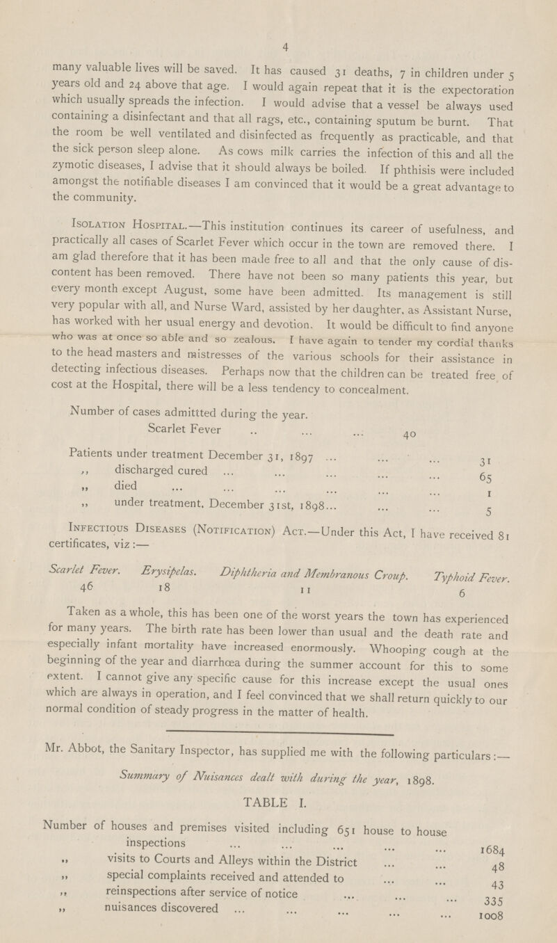4 many valuable lives will be saved. It has caused 31 deaths, 7 in children under 5 years old and 24 above that age. I would again repeat that it is the expectoration which usually spreads the infection. I would advise that a vessel be always used containing a disinfectant and that all rags, etc., containing sputum be burnt. That the room be well ventilated and disinfected as frequently as practicable, and that the sick person sleep alone. As cows milk carries the infection of this and all the zymotic diseases, I advise that it should always be boiled. If phthisis were included amongst the notifiable diseases I am convinced that it would be a great advantage to the community. Isolation Hospital.—This institution continues its career of usefulness, and practically all cases of Scarlet Fever which occur in the town are removed there. I am glad therefore that it has been made free to all and that the only cause of dis content has been removed. There have not been so many patients this year, but every month except August, some have been admitted. Its management is still very popular with all, and Nurse Ward, assisted by her daughter, as Assistant Nurse, has worked with her usual energy and devotion. It would be difficult to find anyone who was at once so able and so zealous. I have again to tender my cordial thanks to the head masters and mistresses of the various schools for their assistance in detecting infectious diseases. Perhaps now that the children can be treated free of cost at the Hospital, there will be a less tendency to concealment. Number of cases admittted during the year. Scarlet Fever 40 Patients under treatment December 31, 1897 31 „ discharged cured 65 „ died 1 „ under treatment, December 31 st, 1898 5 Infectious Diseases (Notification) Act.—Under this Act, I have received 81 certificates, viz:— Scarlet Fever. Erysipelas. Diphtheria and Membranous Croup. Typhoid Fever. 46 18 11 6 Taken as a whole, this has been one of the worst years the town has experienced for many years. The birth rate has been lower than usual and the death rate and especially infant mortality have increased enormously. Whooping cough at the beginning of the year and diarrhoea during the summer account for this to some extent. I cannot give any specific cause for this increase except the usual ones which are always in operation, and I feel convinced that we shall return quickly to our normal condition of steady progress in the matter of health. Mr. Abbot, the Sanitary Inspector, has supplied me with the following particulars:— Summary of Nuisances dealt with during the year, 1898. TABLE I. Number of houses and premises visited including 651 house to house inspections 1684 visits to Courts and Alleys within the District 48 „ special complaints received and attended to 43 „ reinspections after service of notice 335 „ nuisances discovered 1008