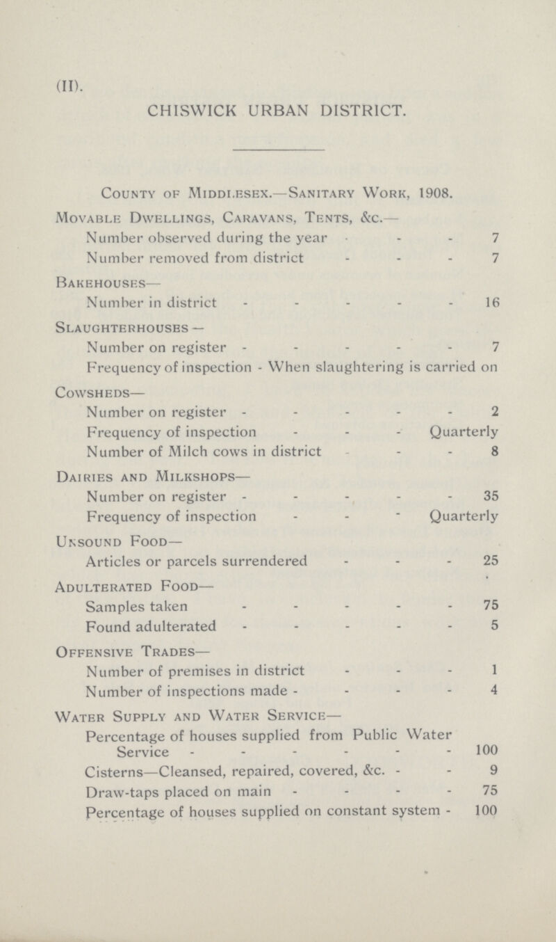 (II). CHISWICK URBAN DISTRICT. County of Middlesex.—Sanitary Work, 1908. Movable Dwellings, Caravans, Tents, &c.— Number observed during the year 7 Number removed from district 7 Bakehouses— Number in district 16 Slaughterhouses — Number on register 7 Frequency of inspection - When slaughtering is carried on Cowsheds— Number on register 2 Frequency of inspection Quarterly Number of Milch cows in district 8 Dairies and Milkshops— Number on register 35 Frequency of inspection Quarterly Unsound Food— Articles or parcels surrendered 25 Adulterated Food— Samples taken 75 Found adulterated 5 Offensive Trades— Number of premises in district 1 Number of inspections made 4 Water Supply and Water Service— Percentage of houses supplied from Public Water Service 100 Cisterns—Cleansed, repaired, covered, &c. 9 Draw-taps placed on main 75 Percentage of houses supplied on constant system 100