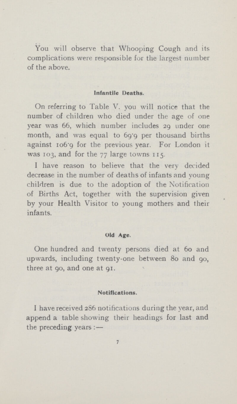 You will observe that Whooping Cough and its complications were responsible for the largest number of the above. Infantile Deaths. On referring to Table V. you will notice that the number of children who died under the age of one year was 66, which number includes 29 under one month, and was equal to 69.9 per thousand births against 106.9 for the previous year. For London it was 103, and for the 77 large towns 115. I have reason to believe that the very decided decrease in the number of deaths of infants and voung children is due to the adoption of the Notification of Births Act, together with the supervision given by your Health Visitor to young mothers and their infants. Old Aye. One hundred and twenty persons died at 60 and upwards, including twenty-one between 80 and go, three at 90, and one at 91. Notifications. 7 I have received 286 notifications during the year, and append a table showing their headings for last and the preceding years:—